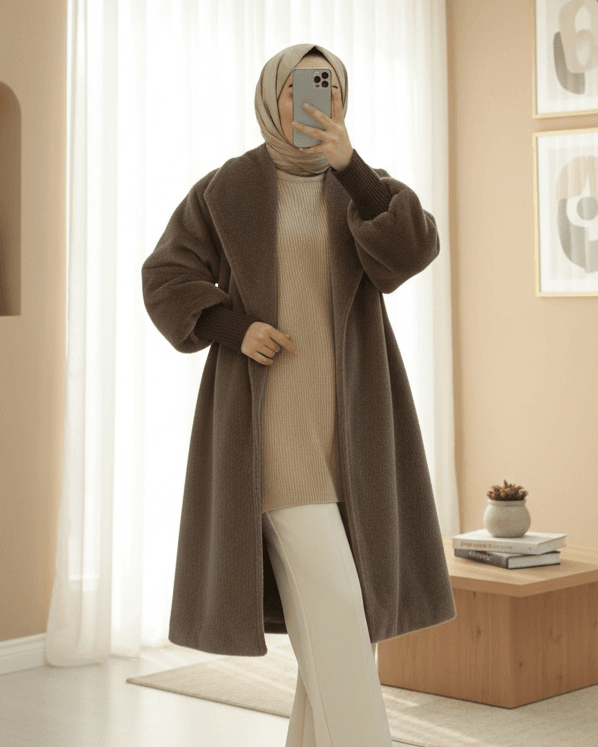 Ribbed Sleeve Shawl Collar Lined Faux Fur Coat - Earth - Podyumplus - by Peralane - photo 4