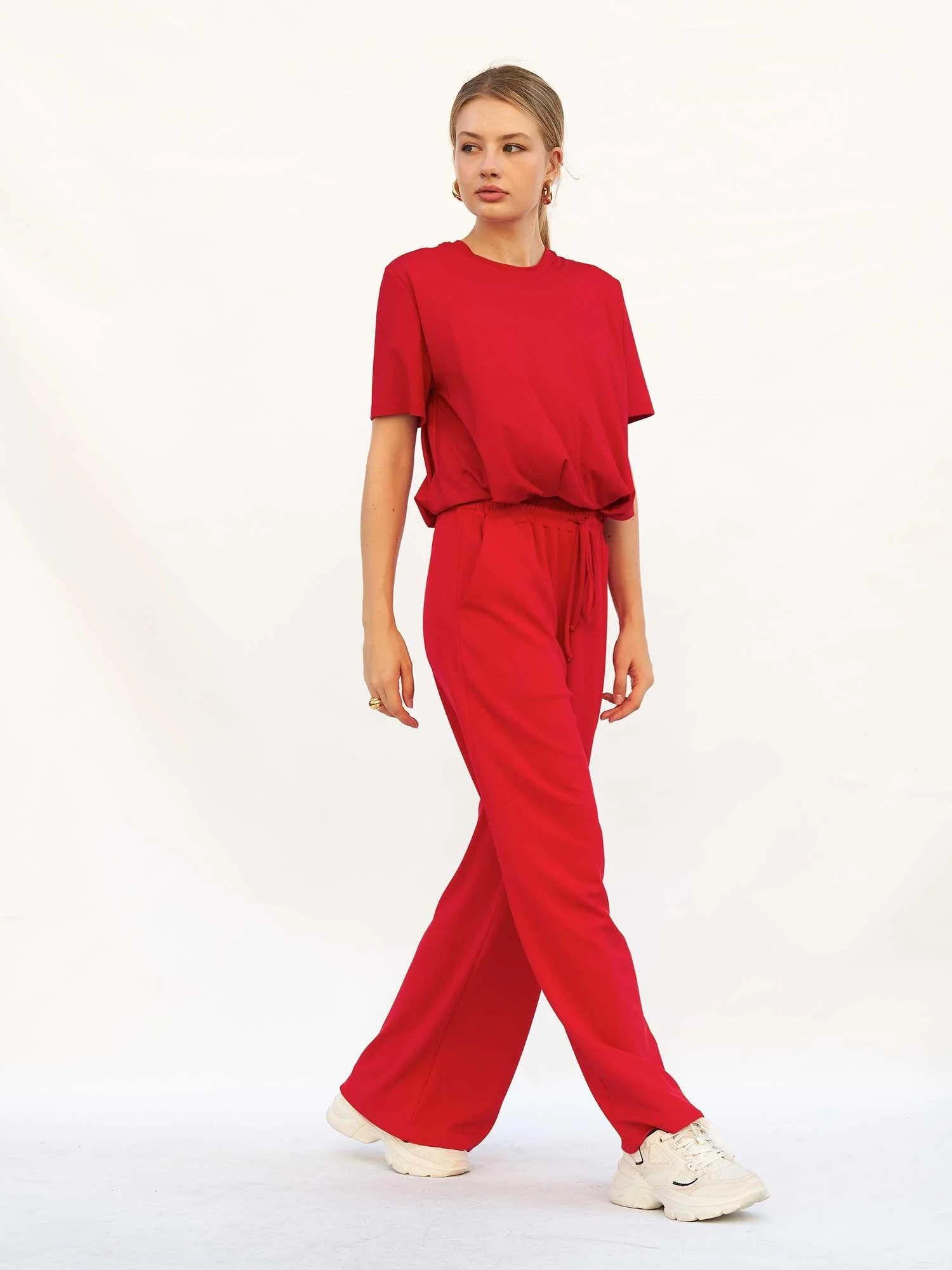 Women's Wide-Leg Trousers with Elastic Waist in Bright Red - Lefon - by Peralane - photo 7