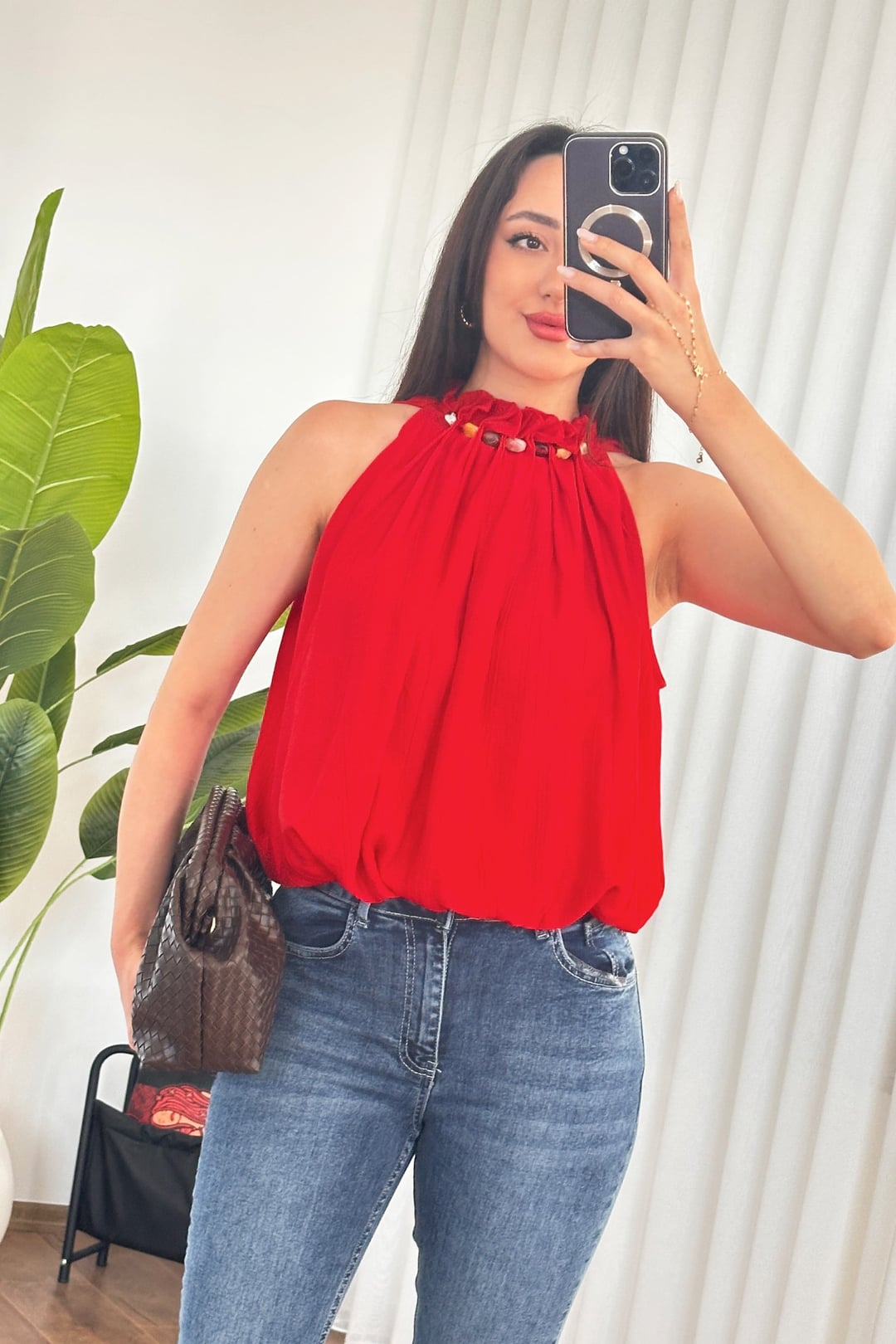 Beaded Halter Neck Red Blouse for Women - Lustri̇n - by Peralane - photo 4