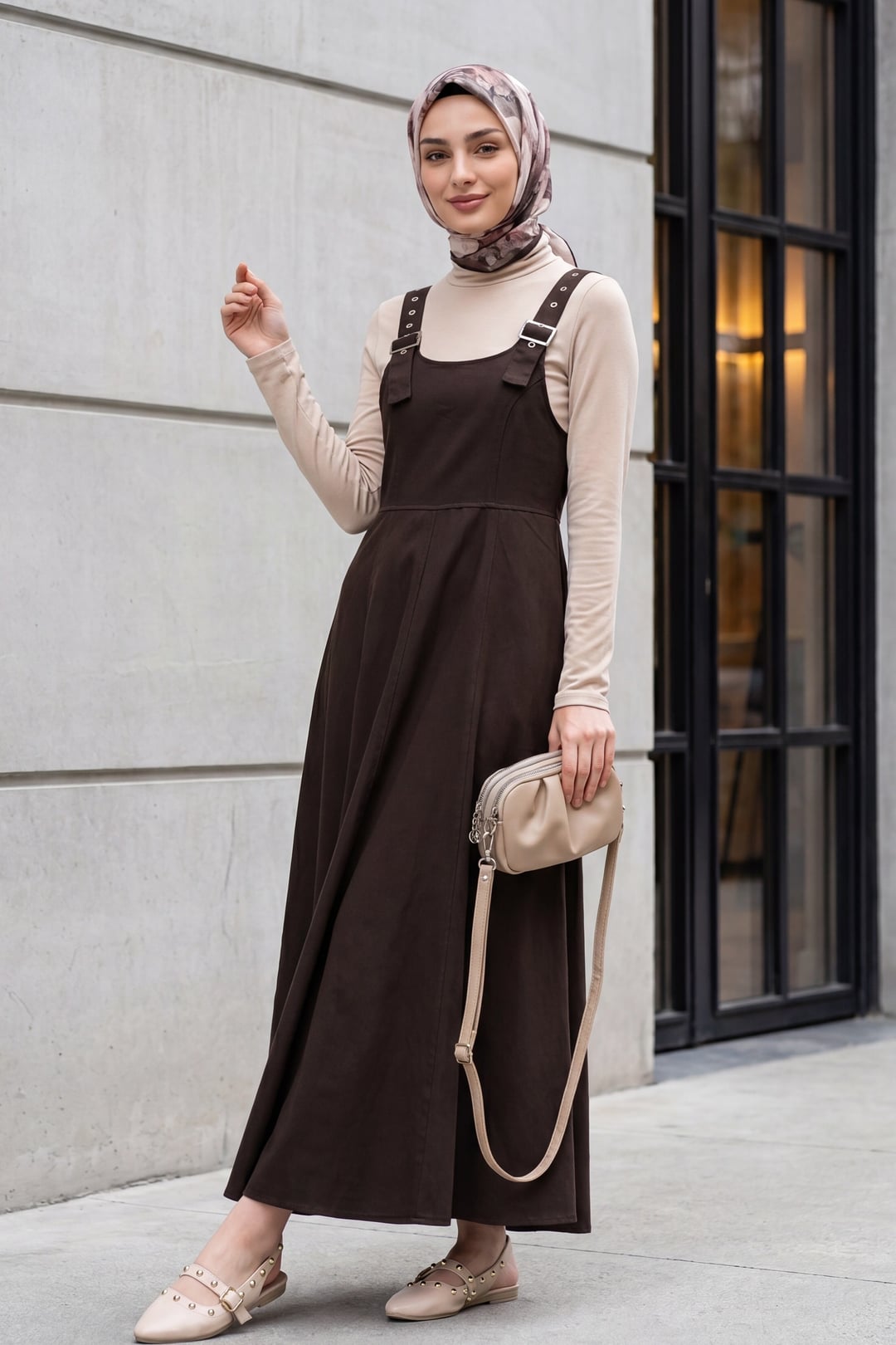 Half-Zip Strap Gabardine Pinafore Dress - Brown - Podyumplus - by Peralane