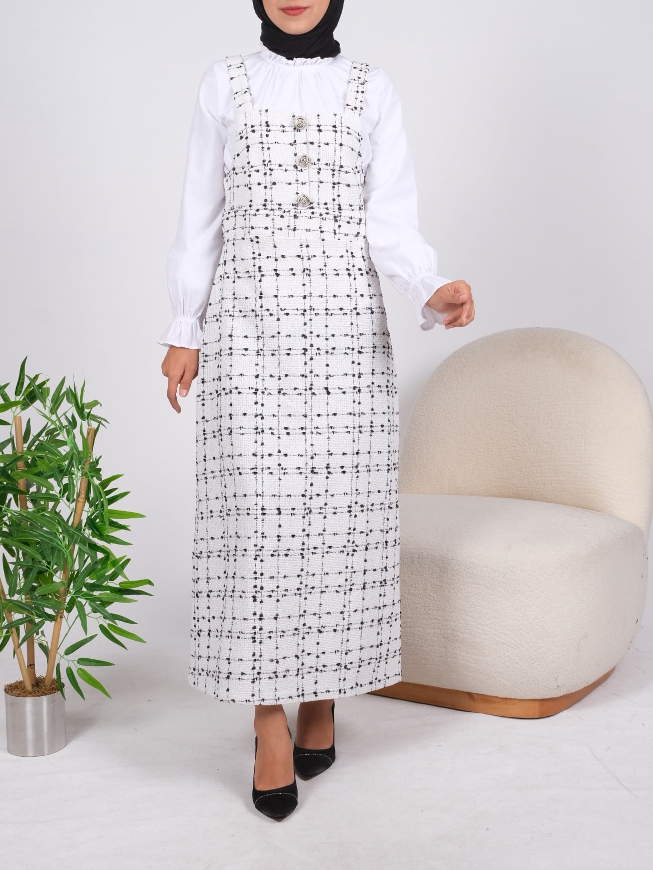 Women's Corsage-Belted Pinafore Dress with Button Front - Ecru - Podyumplus - by Peralane - photo 3