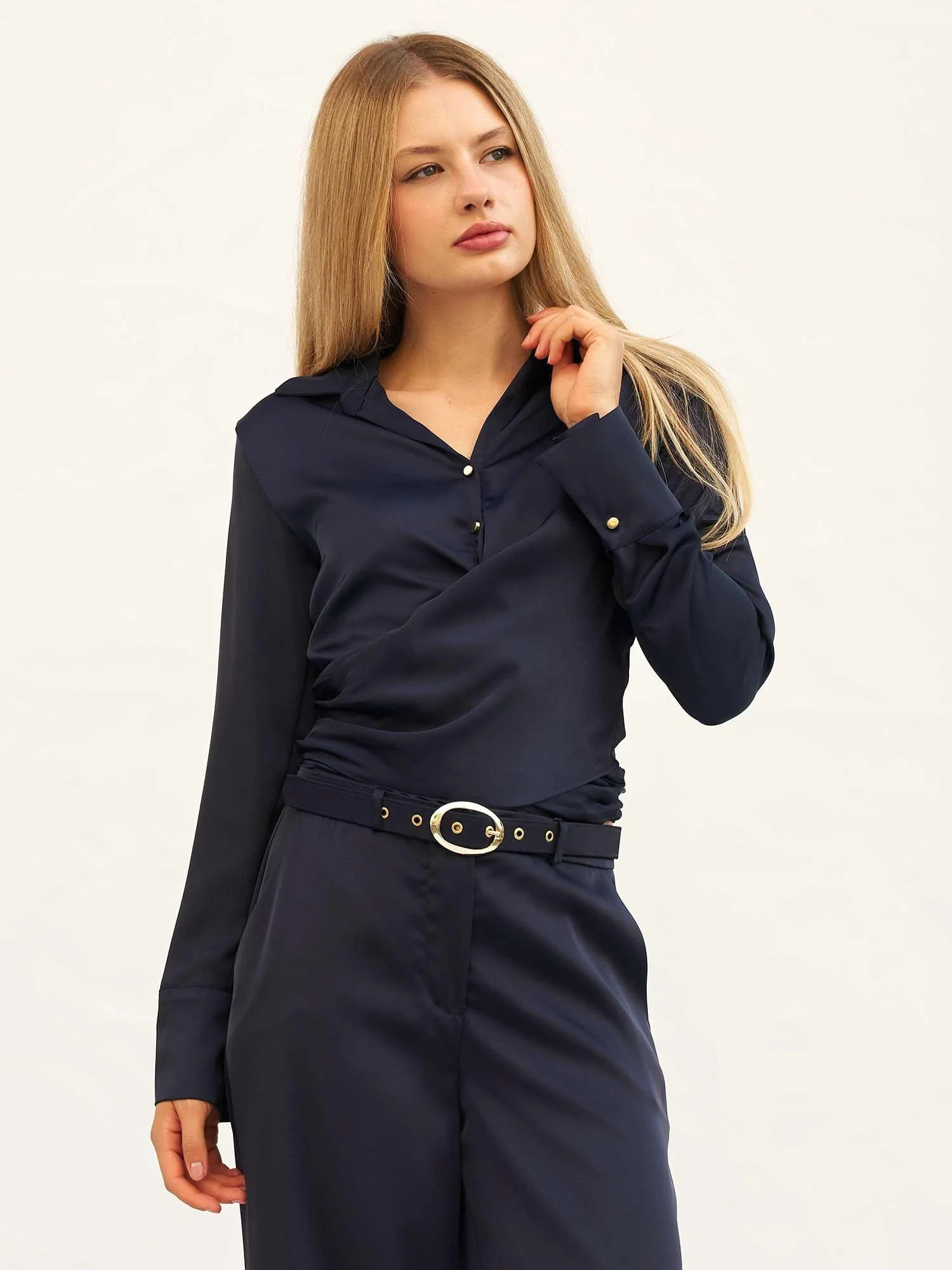 Navy Blue Wrap-Front Satin Blouse - Lefon - by Peralane - photo 4