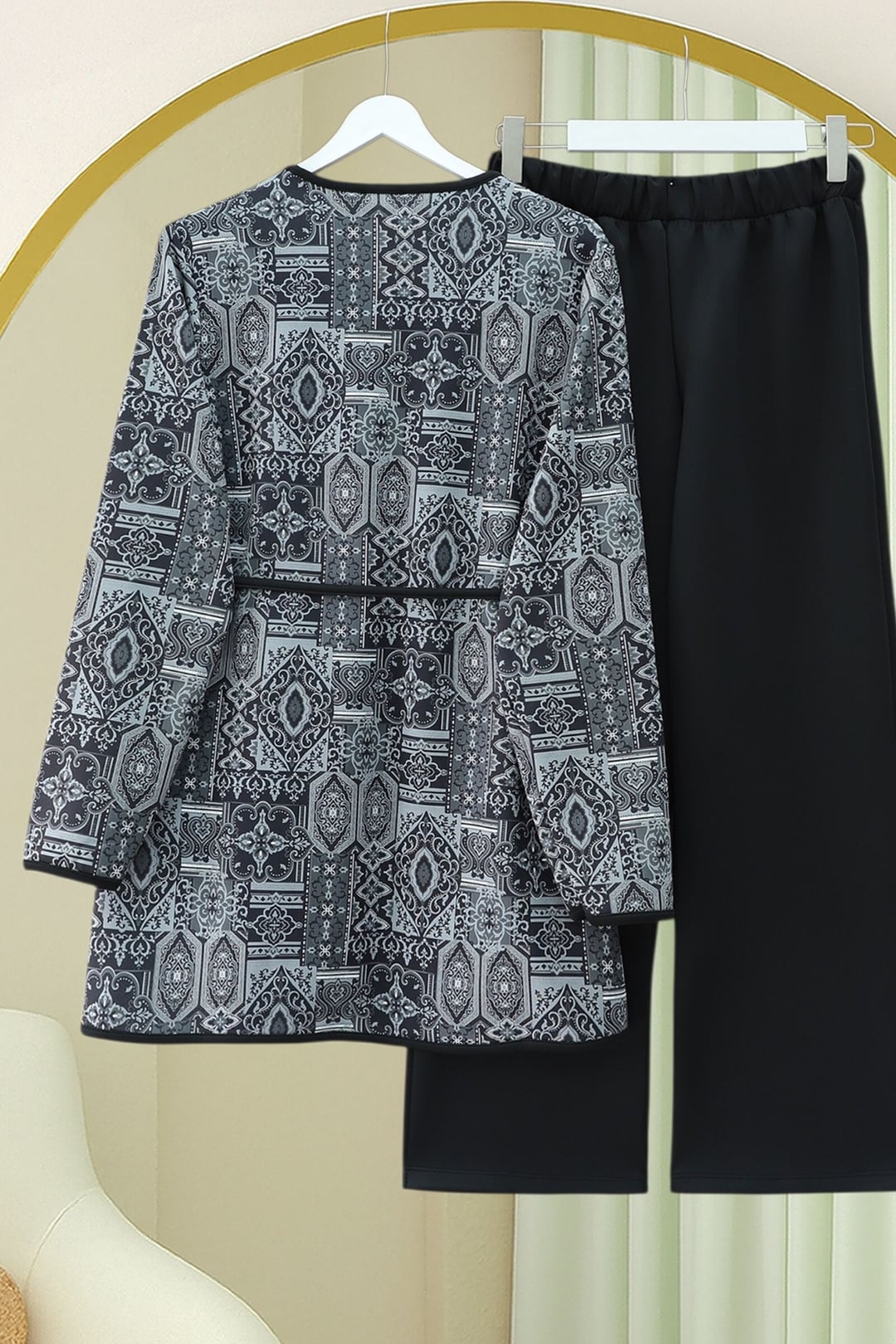 Tie-Waist Double-Pocket Patterned Scuba Two-Piece Set - Black - Podyumplus - by Peralane - photo 4