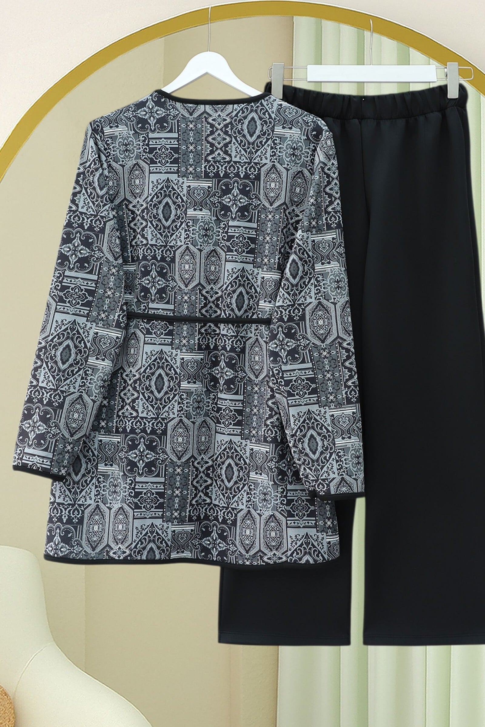 Tie-Waist Double-Pocket Patterned Scuba Two-Piece Set - Black - Podyumplus - by Peralane - photo 4