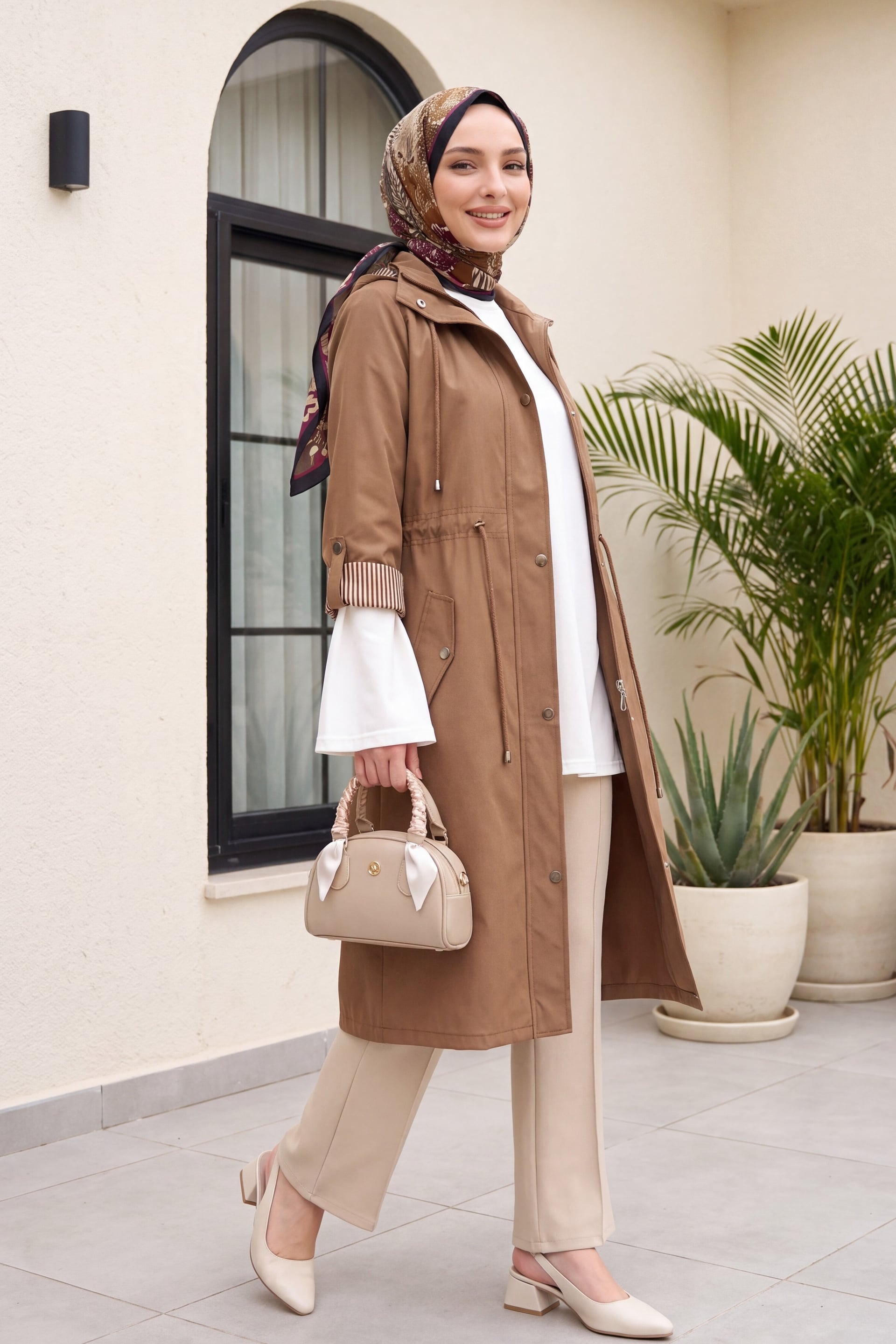 Women's Tan Hooded Lined Trench Coat with Drawstring Waist - Podyumplus - by Peralane - photo 2