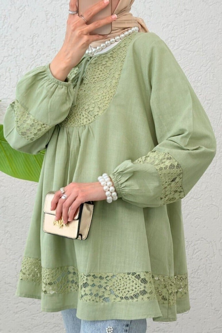 Lace Detail Tie Neck Long Sleeve Tunic - Light Green - Podyumplus - by Peralane - photo 9