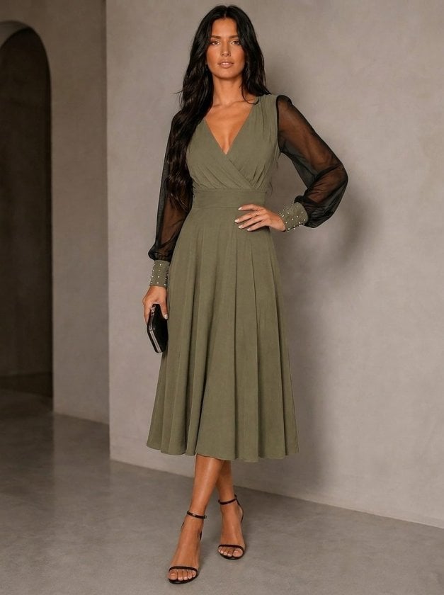 Women's Long Sleeve Wrap Midi Dress with Tulle and Beaded Cuffs - Janes - by Peralane - photo 2