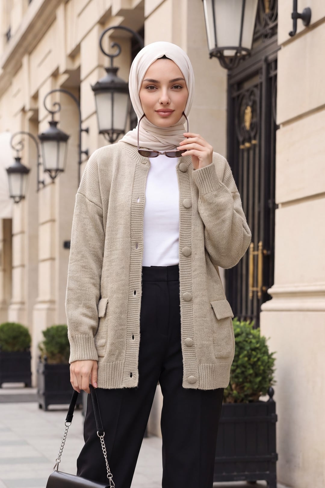 Beige Knit Cardigan with Mock Neck and Button Front for Women - Podyumplus - by Peralane - photo 5