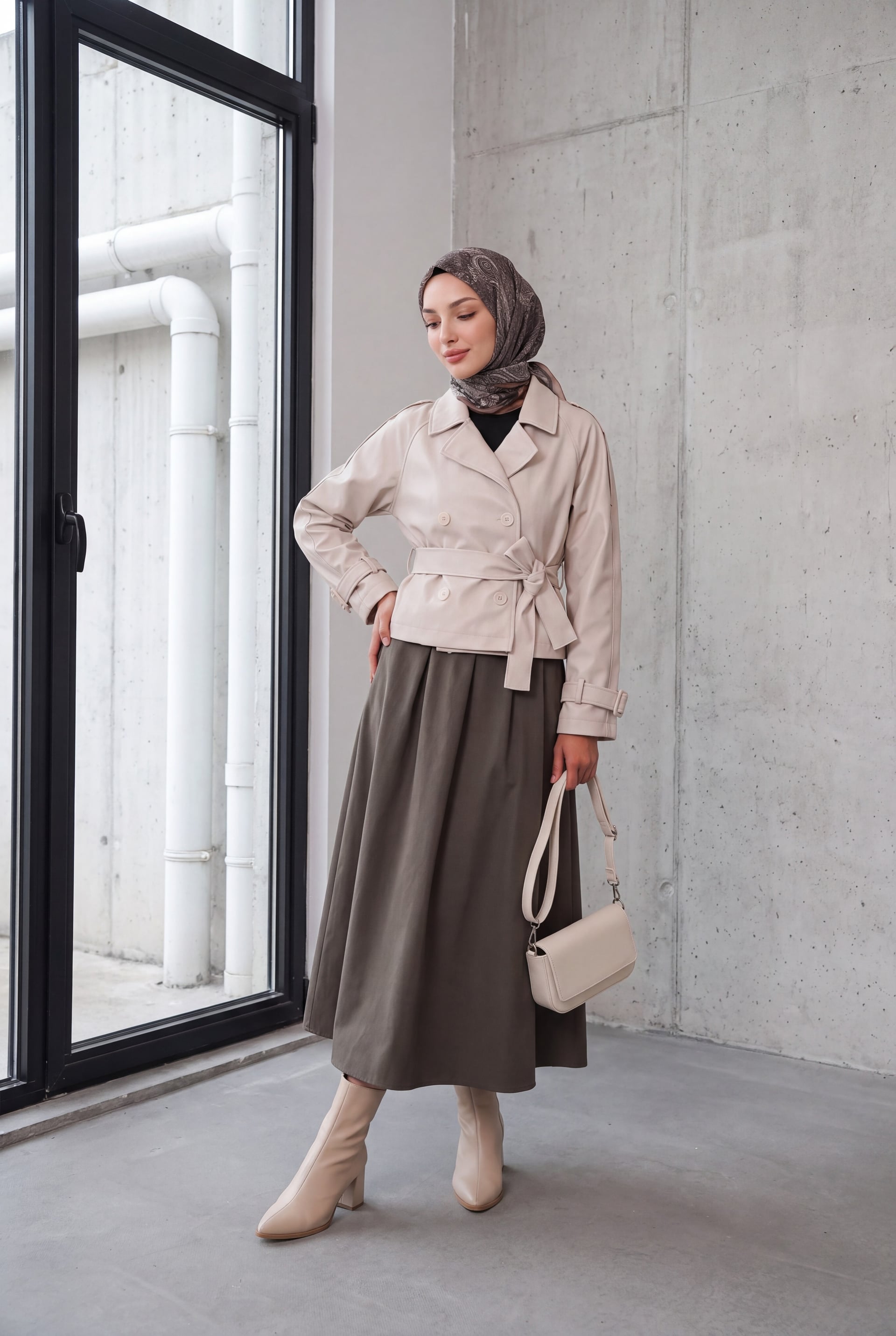 Women's Belted Faux Leather Jacket - Ecru - Bigdart - by Peralane - photo 2