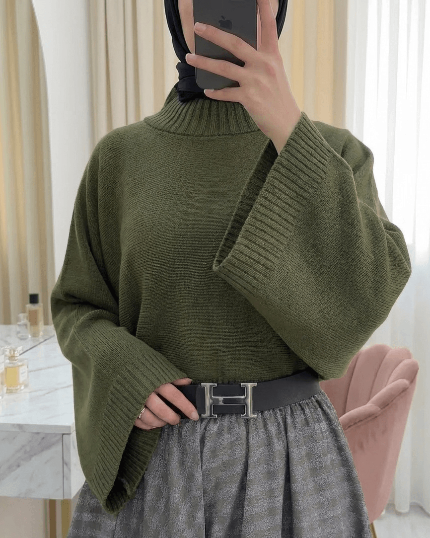 Half Collar Cropped Knit Sweater - Olive Green - Podyumplus - by Peralane - photo 2