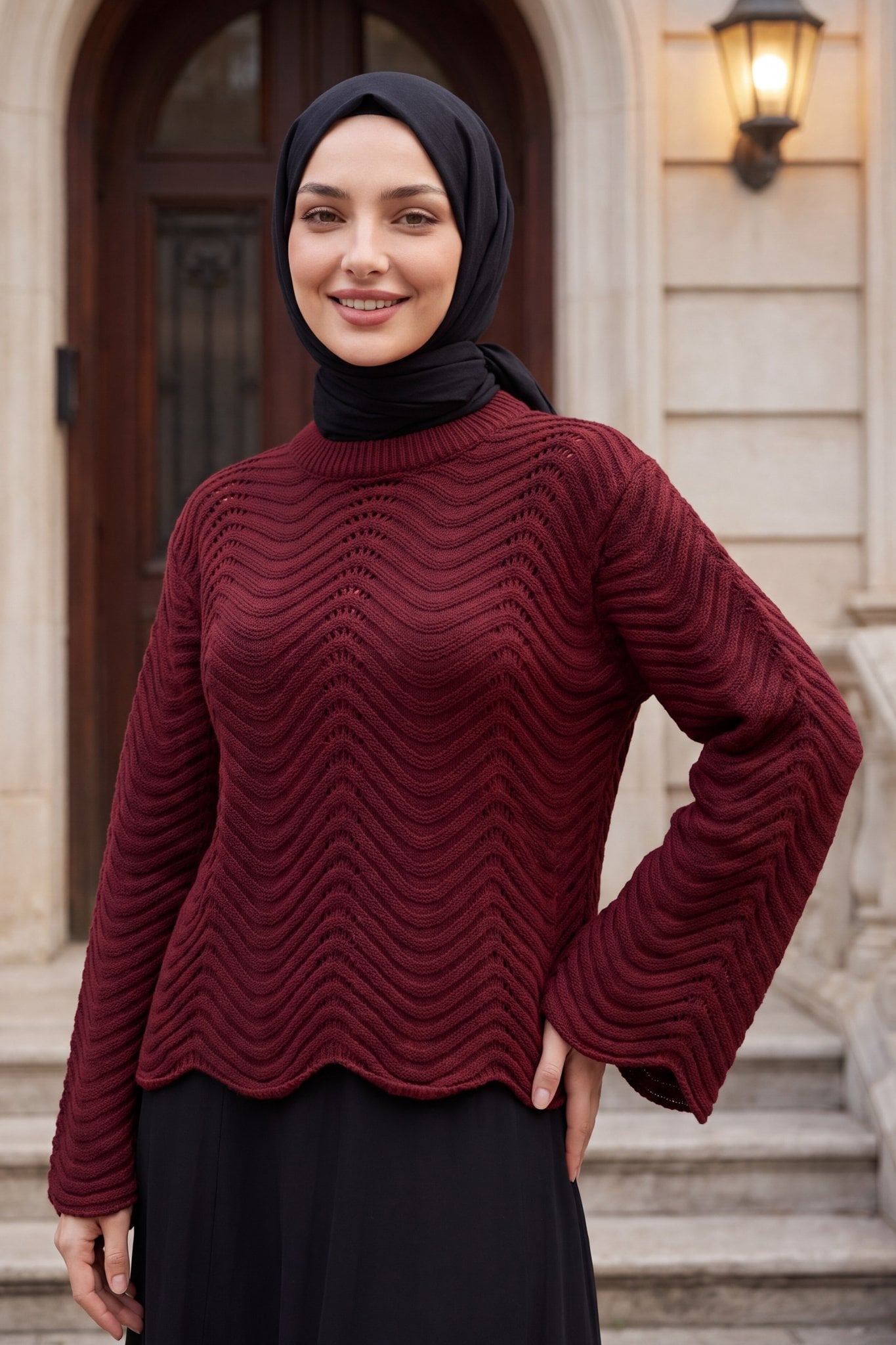 Round Neck Zigzag Knit Sweater - Dark Maroon - Podyumplus - by Peralane - photo 5