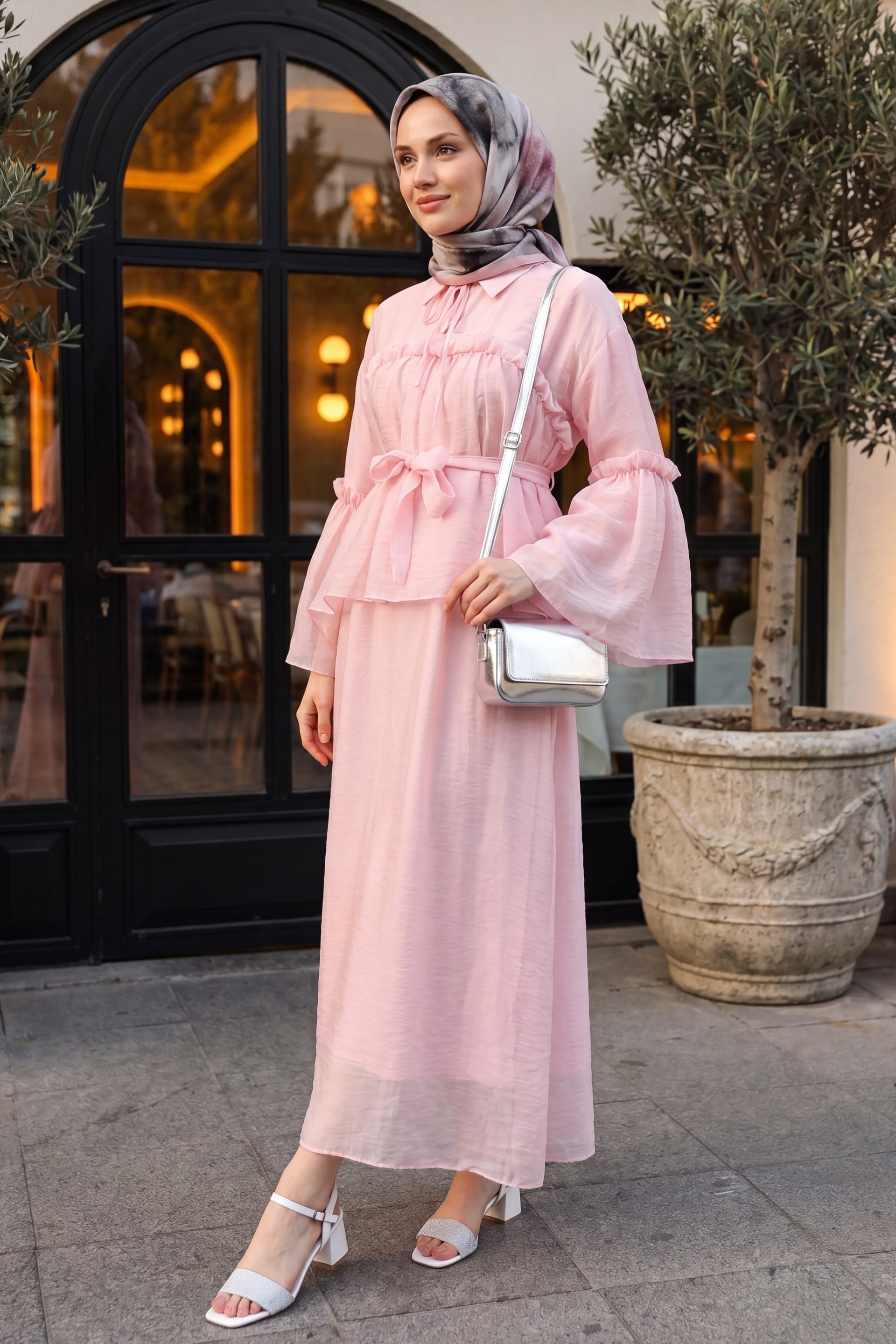 Tie-Collar Ruffled Lined Belted Tulle Voile Dress - Powder Pink - Podyumplus - by Peralane - photo 2