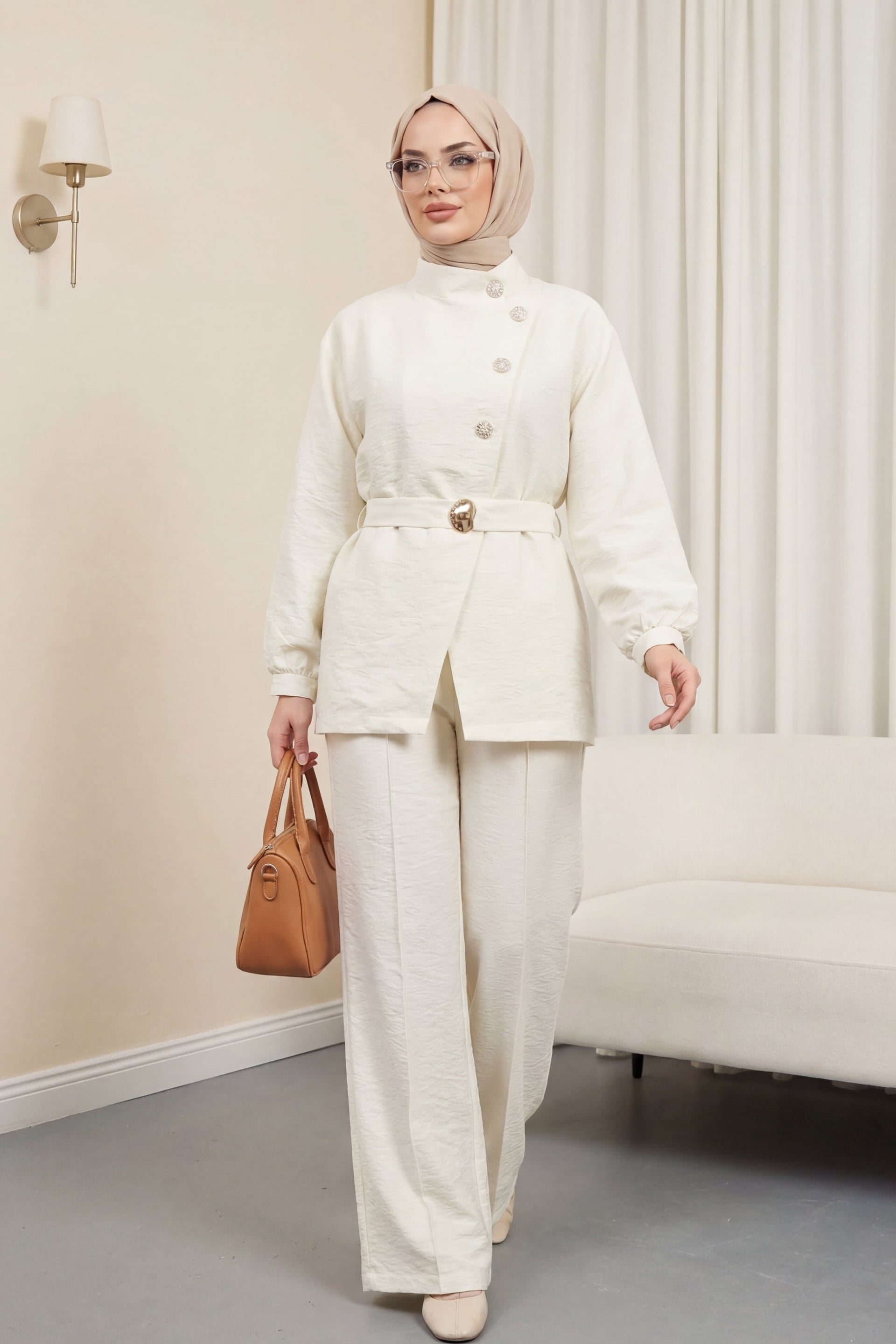 Gold Button Belted Frill Detail Two-Piece Set - Ecru - Podyumplus - by Peralane