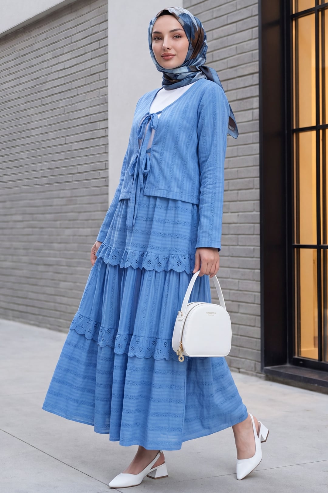 Blue Tie-Front Cardigan and Flounced Skirt Two-Piece Set - Podyumplus - by Peralane - photo 2
