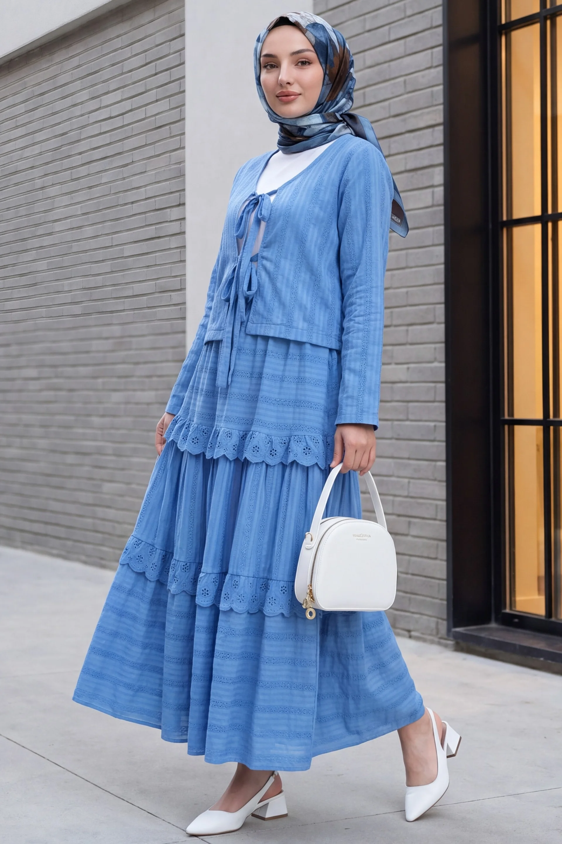 Blue Tie-Front Cardigan and Flounced Skirt Two-Piece Set - Podyumplus - by Peralane - photo 2