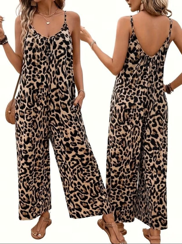 Women's Sleeveless Wide-Leg Leopard Print Jumpsuit with Pockets - Janes - by Peralane - photo 3