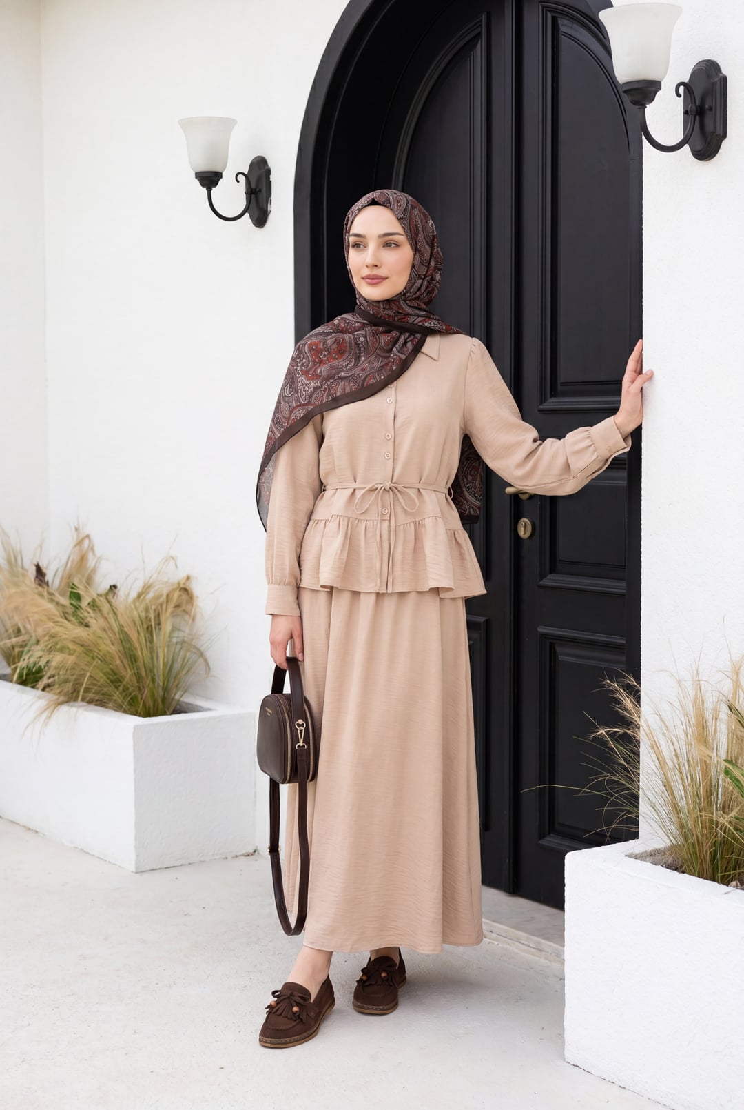 Beige Ruchted Blouse and Skirt Modest Set - Podyumplus - by Peralane - photo 3