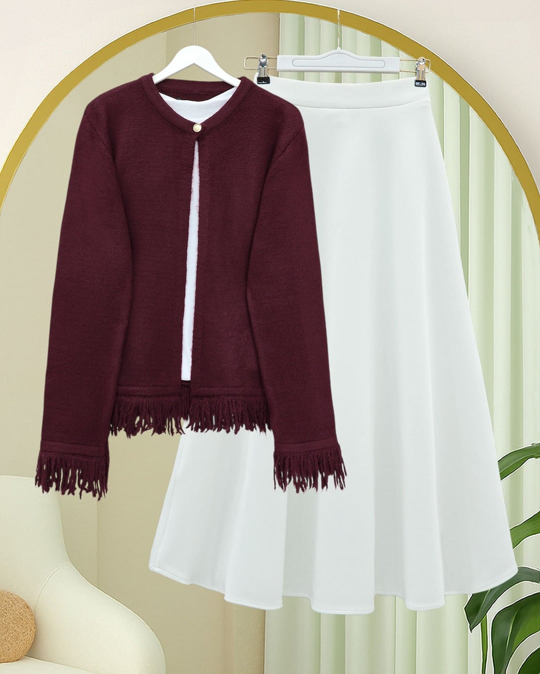 Single Button Fringed Soft Knit Cardigan - Burgundy - Podyumplus - by Peralane - photo 3