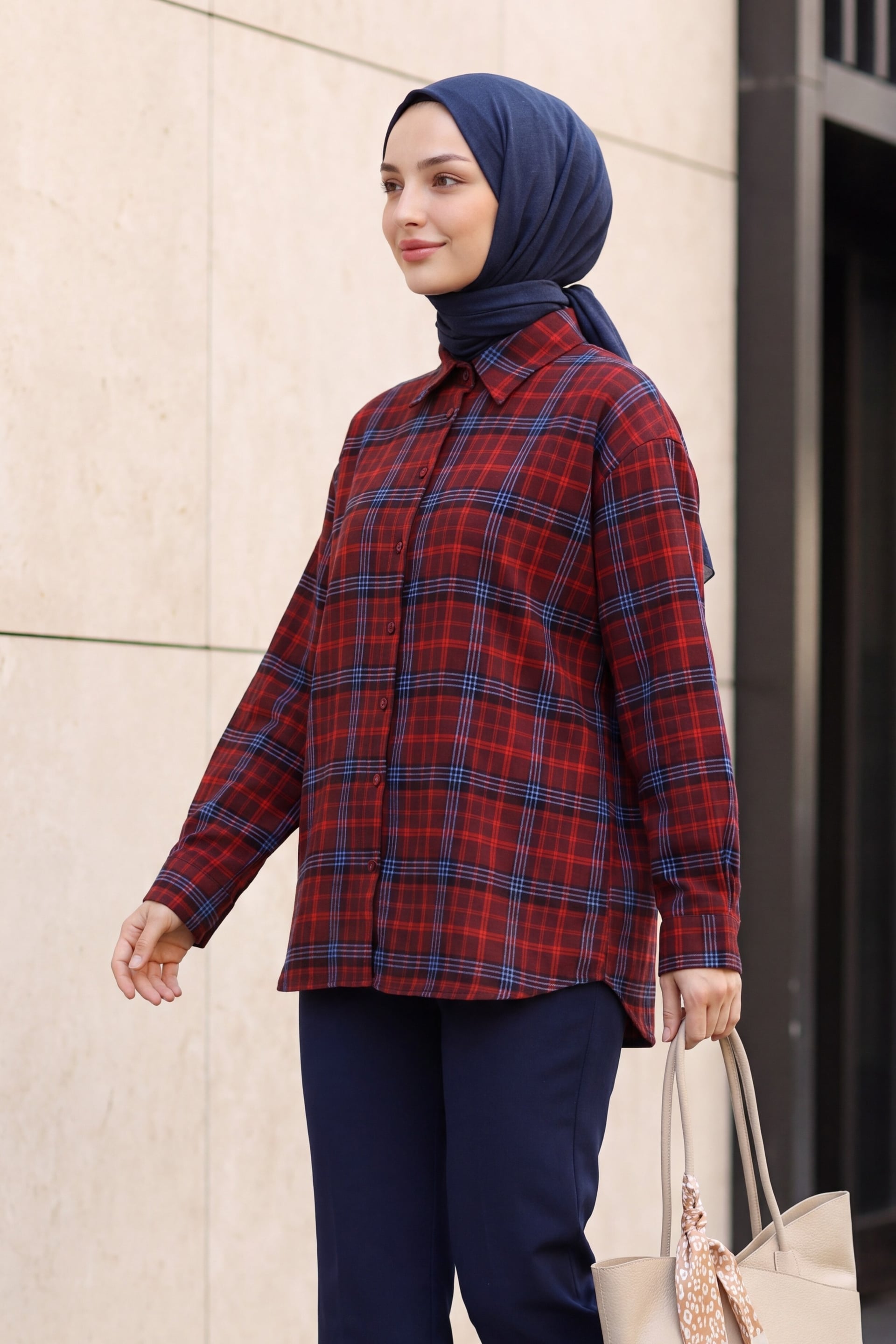 Red Plaid Oval Cut Oversize Shirt for Women - Podyumplus - by Peralane