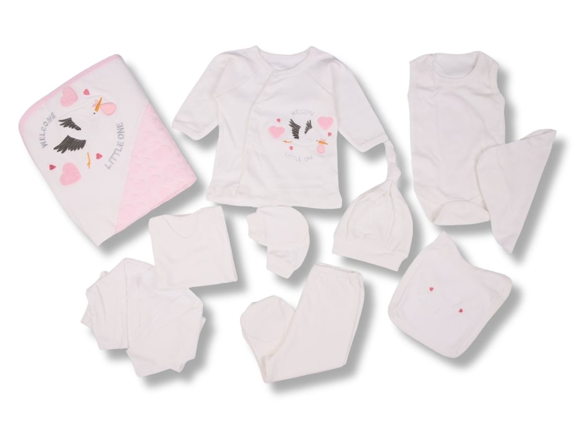 Newborn Girl Hospital Exit Set with Stork Embroidery - Pink - Zipir - by Peralane