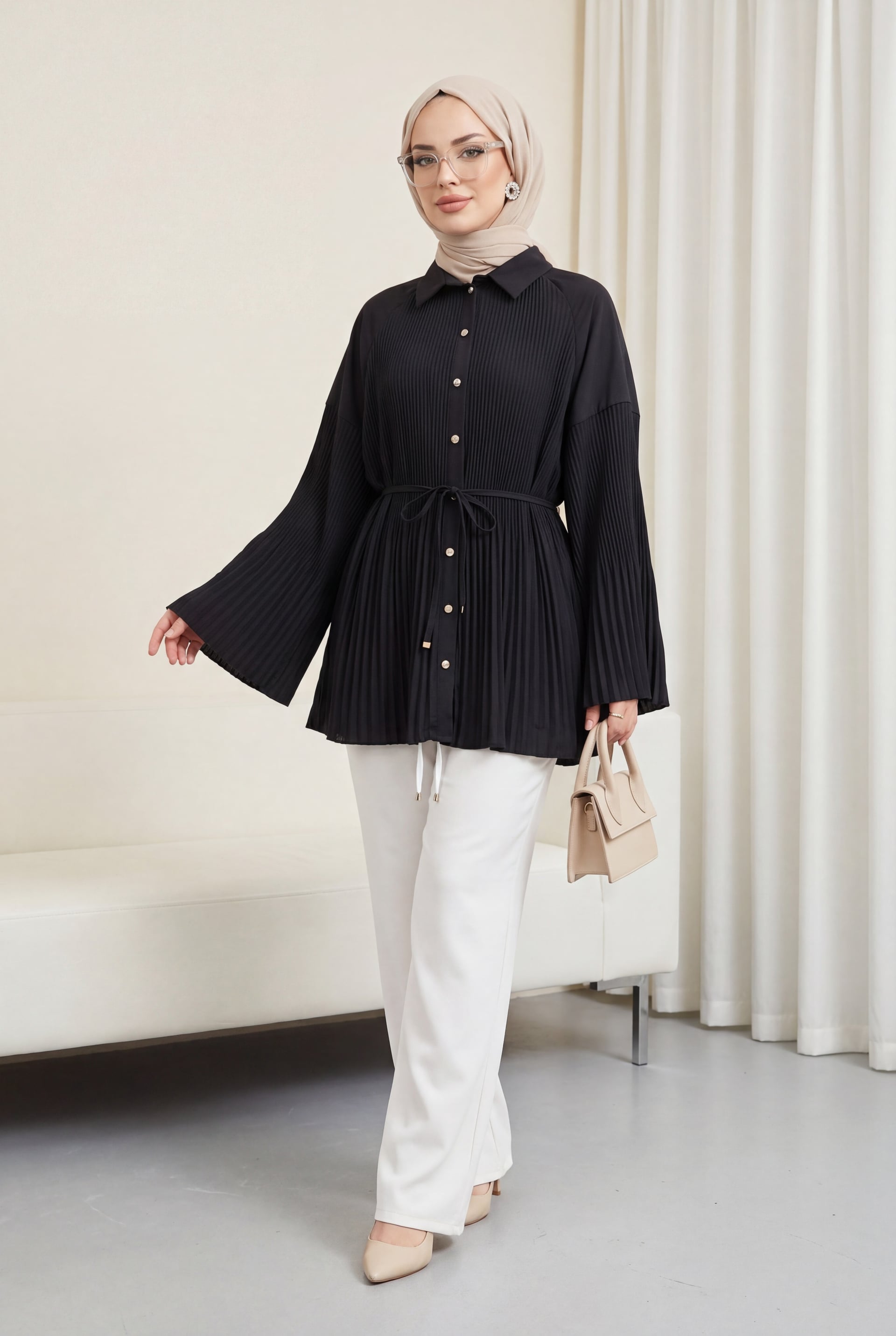 Tie-Belted Pleated Poplin Tunic with Stone-Button Details - Black - Podyumplus - by Peralane - photo 5