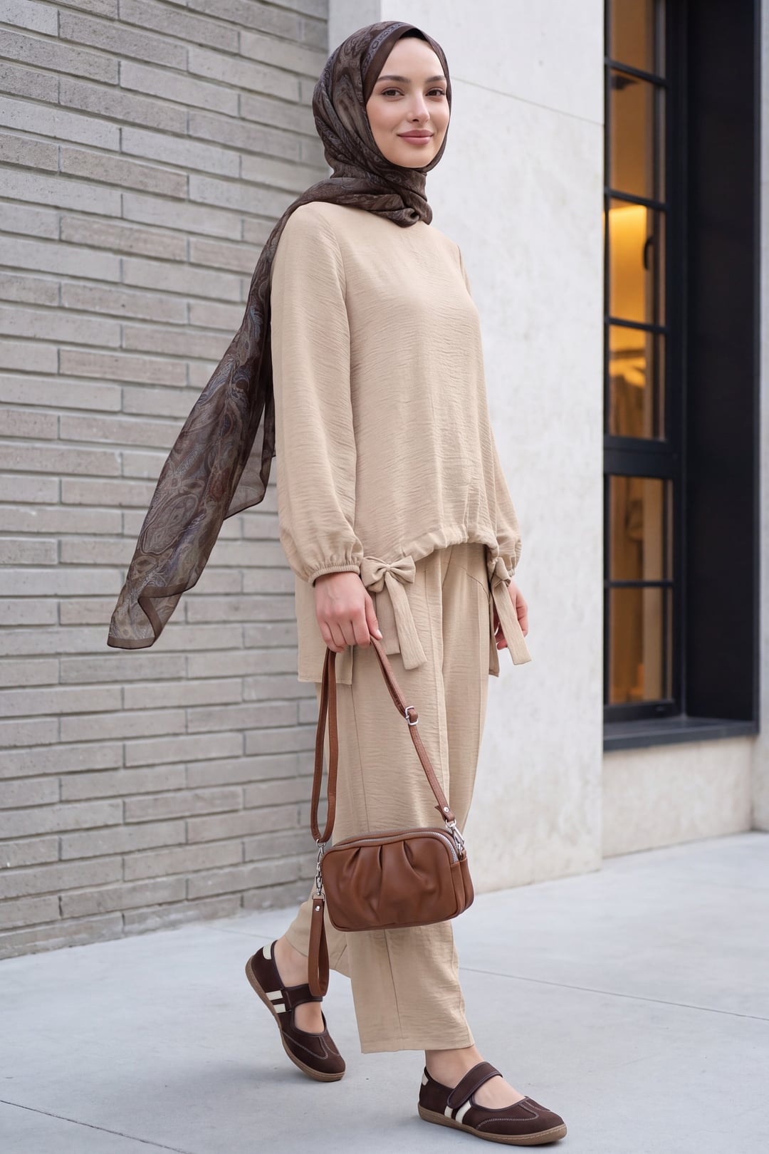 Beige Modest Tunic and Trousers Set with Hijab - Podyumplus - by Peralane - photo 2