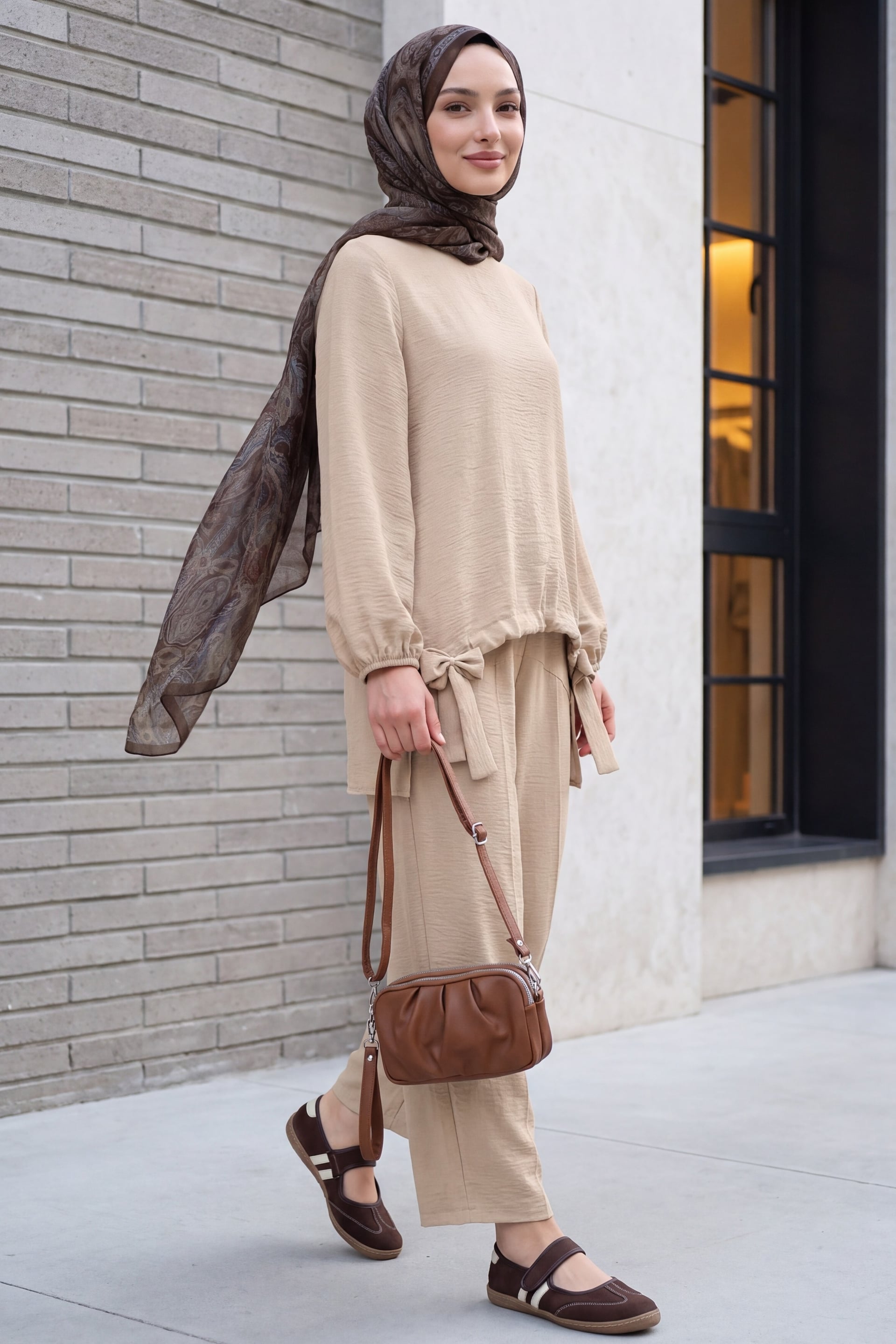 Beige Modest Tunic and Trousers Set with Hijab - Podyumplus - by Peralane - photo 2