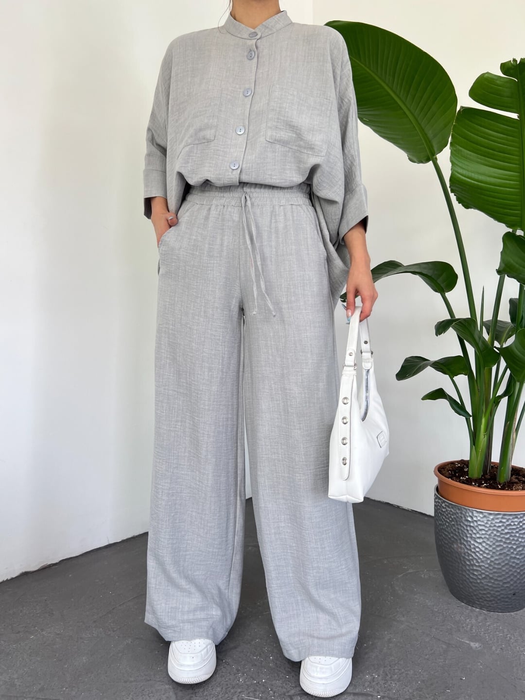 Grey Two-Piece Shirt and Wide-Leg Trousers Set - Podyumplus - by Peralane - photo 4