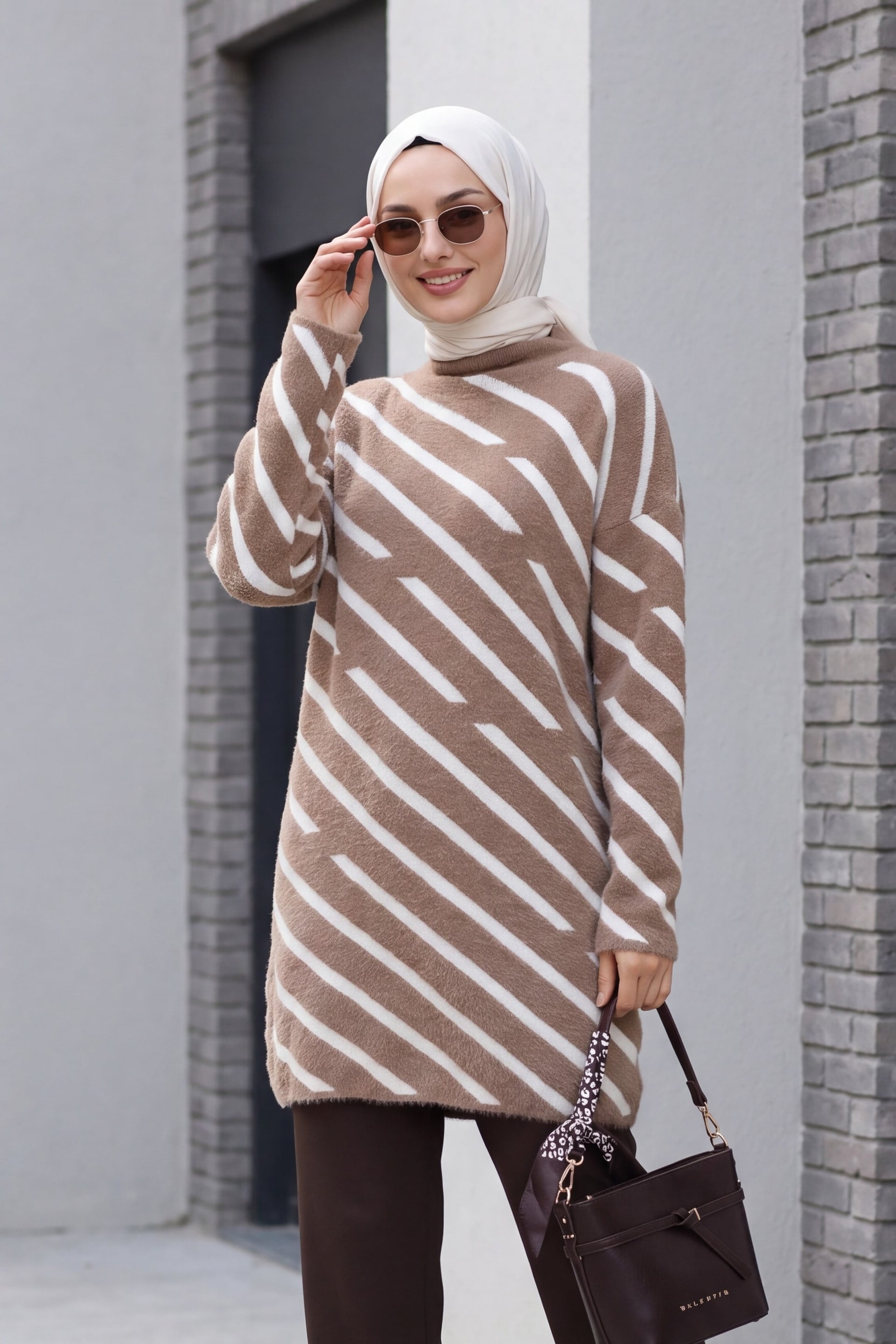 Half Mock Neck Side Stripe Fuzzy Knit Tunic - Earth - Podyumplus - by Peralane - photo 2