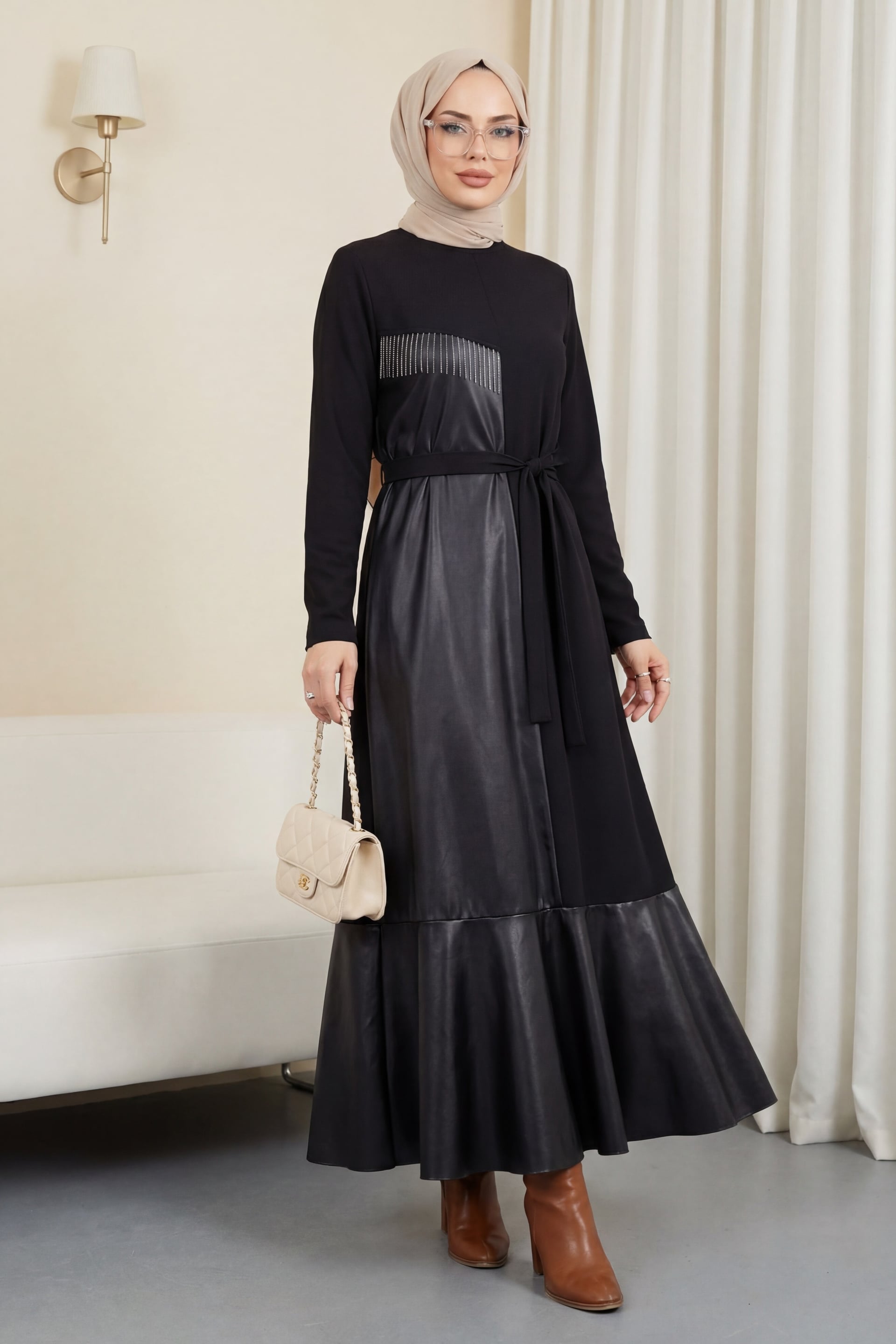 Black Long-Sleeved Tie-Waist Tiered Dress with Decorative Detail - Podyumplus - by Peralane - photo 5