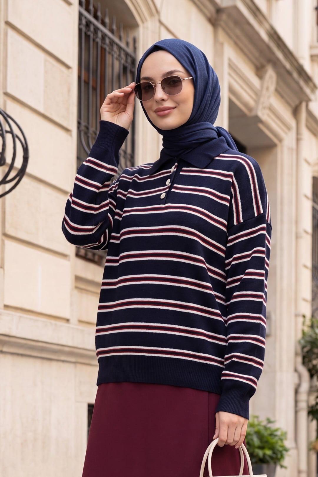 Navy Blue Striped Polo Neck Button Sweatshirt - Podyumplus - by Peralane - photo 2