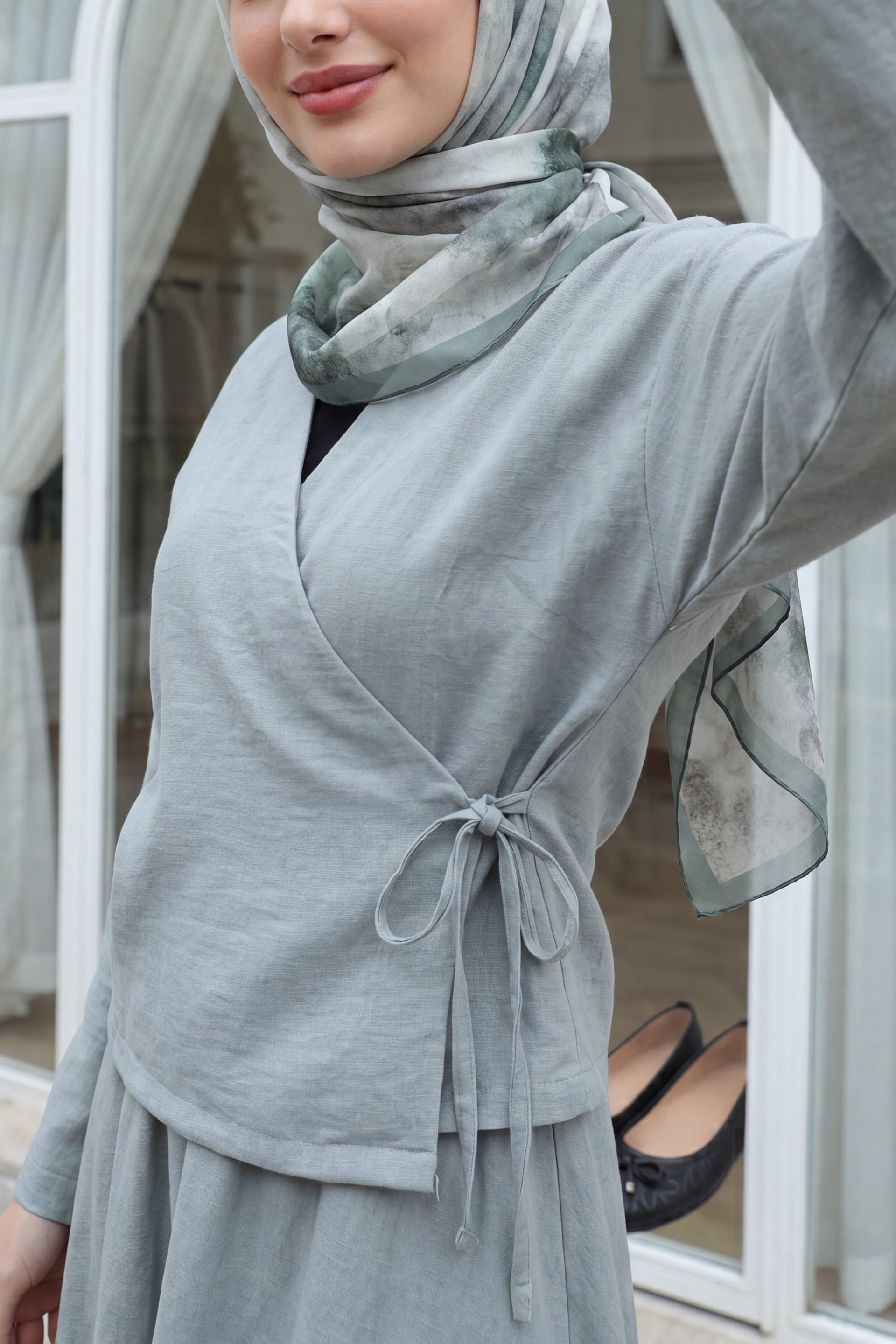 Side-Tie Linen-Look Maxi Skirt Set - Light Grey - Podyumplus - by Peralane - photo 4