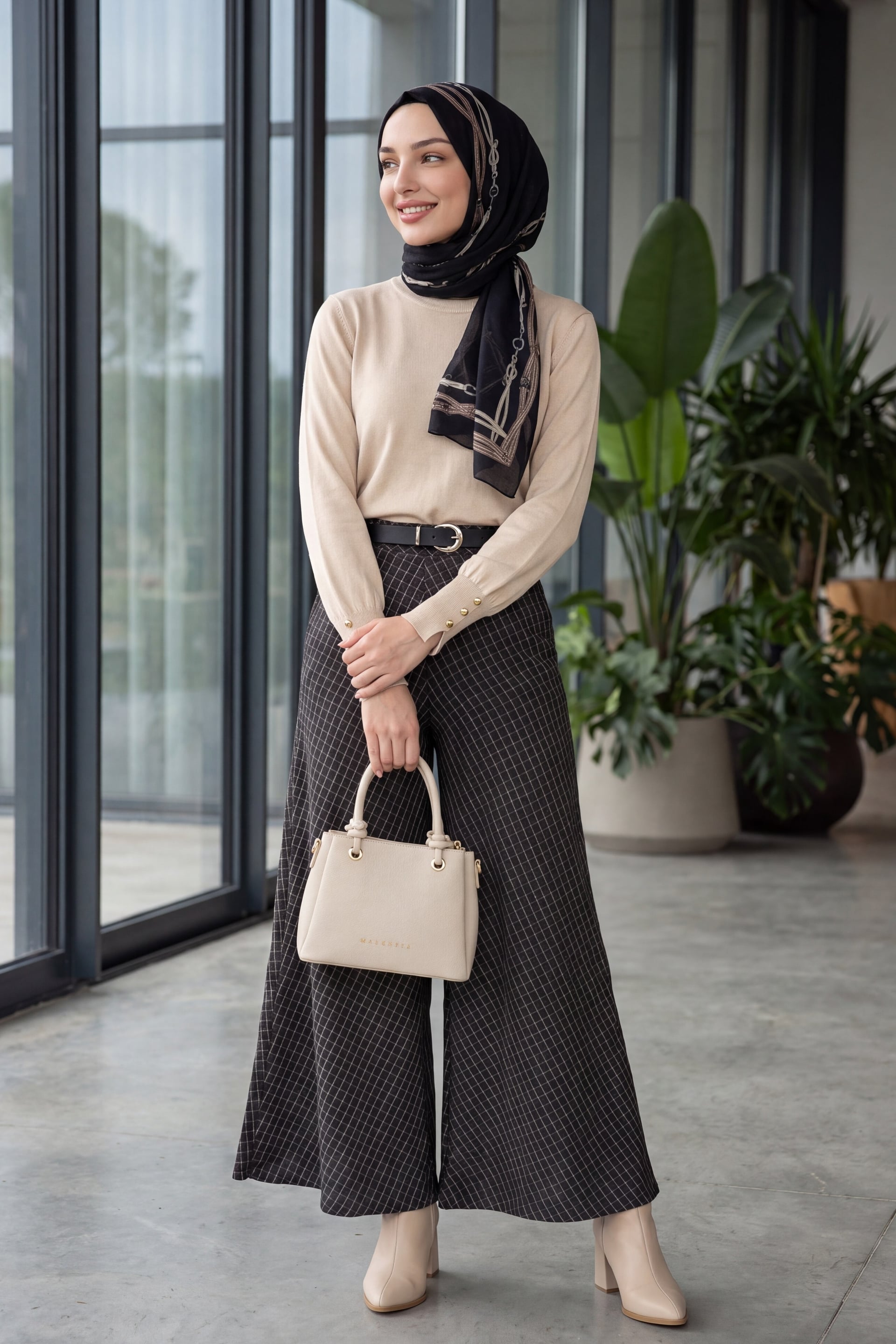 High-Waist Wide-Leg Checked Trousers with Belt - Podyumplus - by Peralane - photo 2