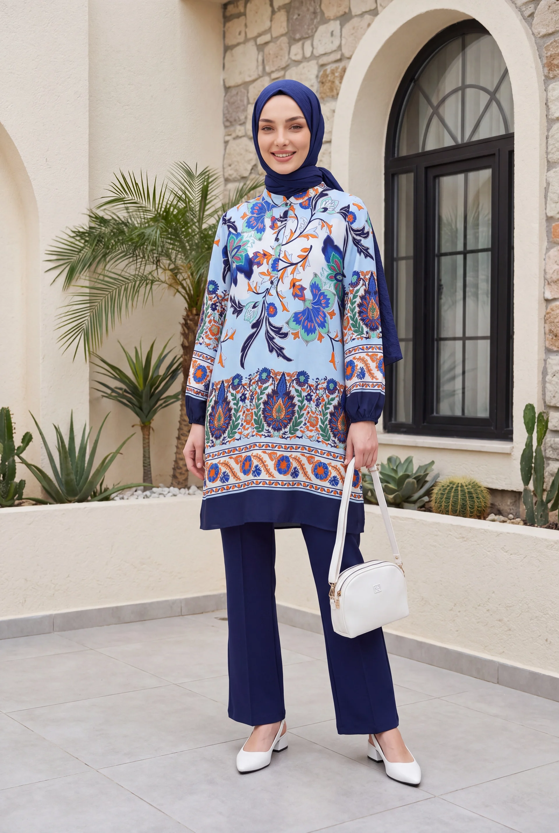 Floral Print Half-Button Cotton Viscose Tunic and Trousers Set - Navy - Podyumplus - by Peralane - photo 3