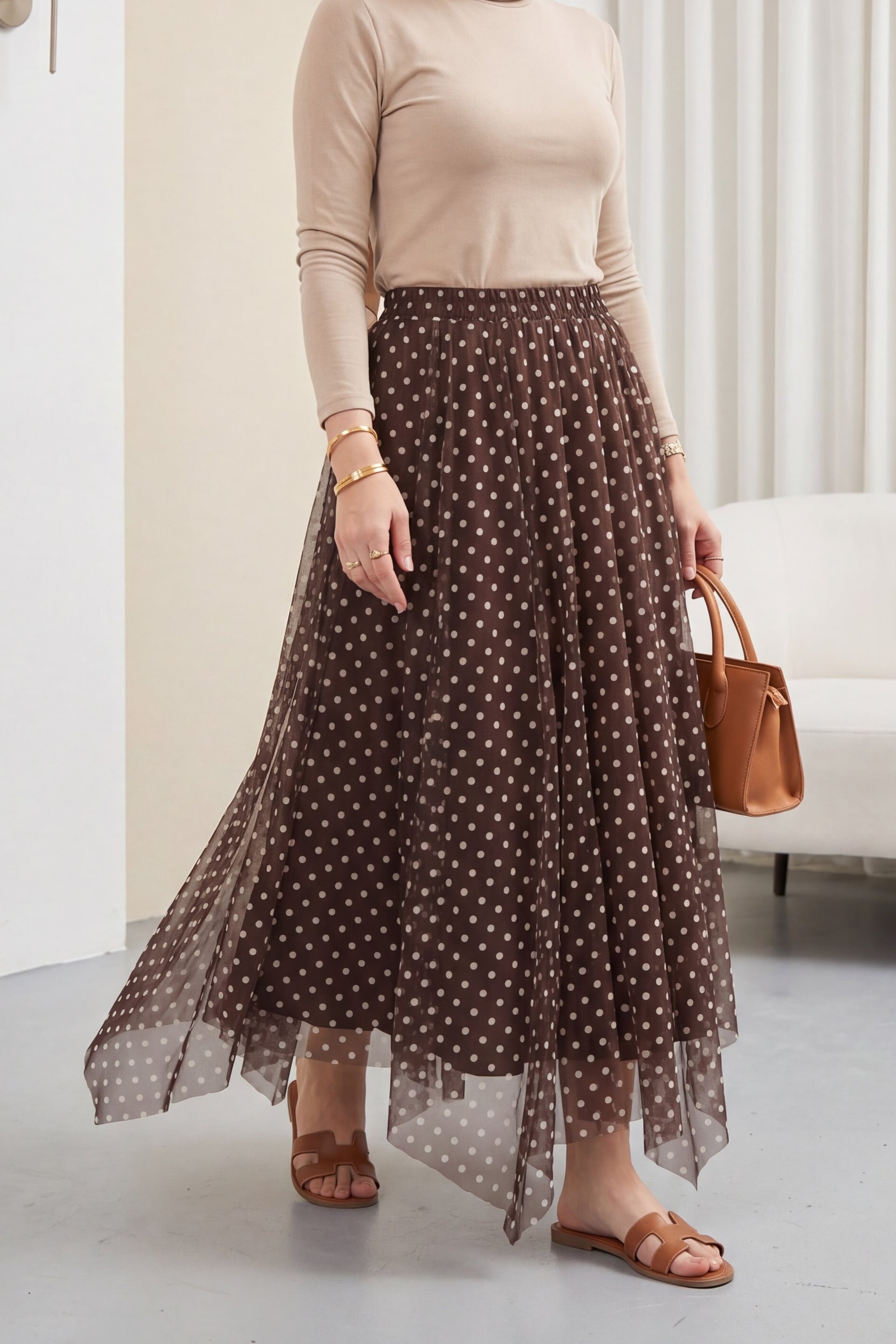 Women's Brown Polka Dot Asymmetric Sheer Chiffon Skirt with Elastic Waist - Podyumplus - by Peralane