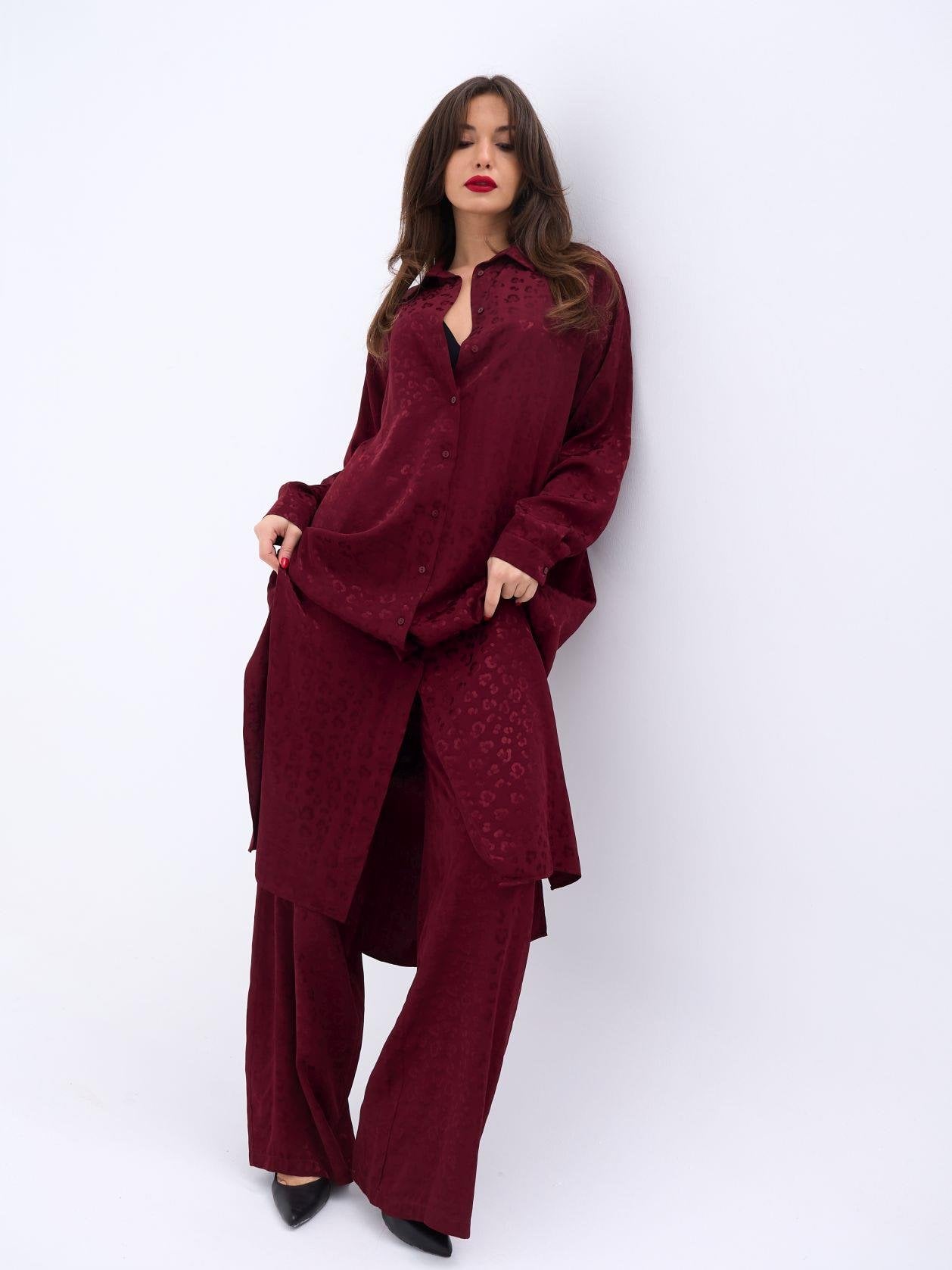 Women's Long Tunic and Wide-Leg Trousers Set with Leopard Print - Deep Red - Fame - by Peralane - photo 2