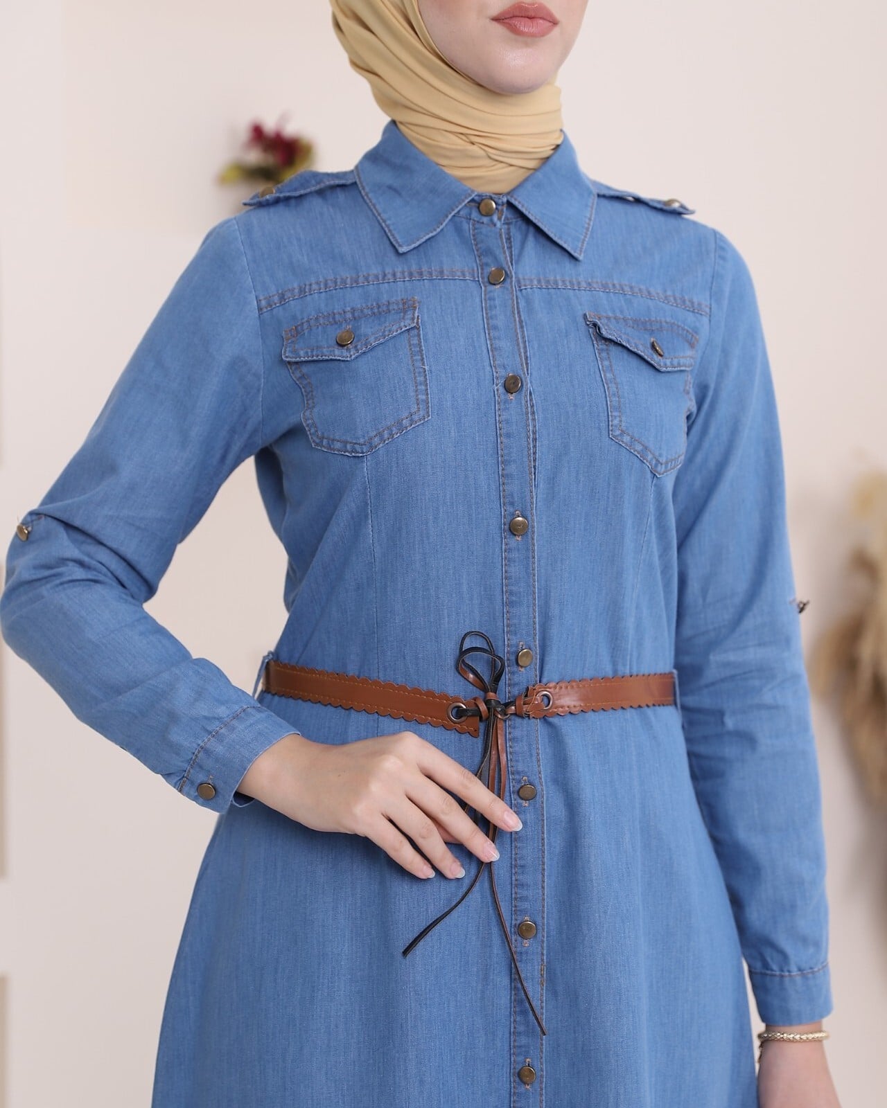 Long-Sleeved Denim Dress with Button-Down Front and Belt - Blue - Podyumplus - by Peralane - photo 4