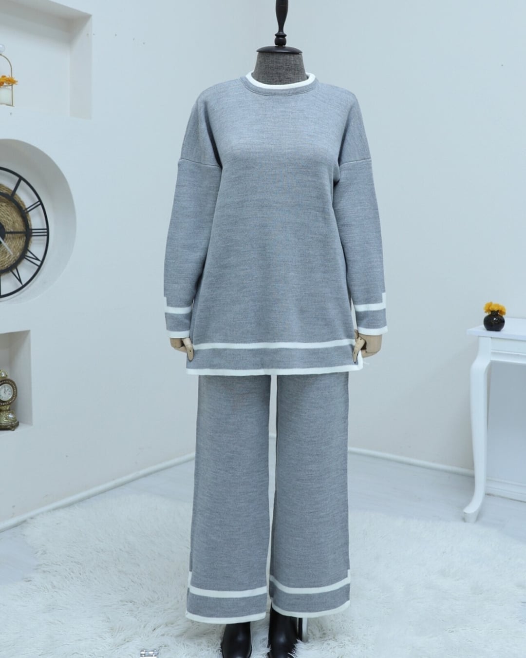 Striped Two-Piece Knit Lounge Set in Grey - Podyumplus - by Peralane - photo 4