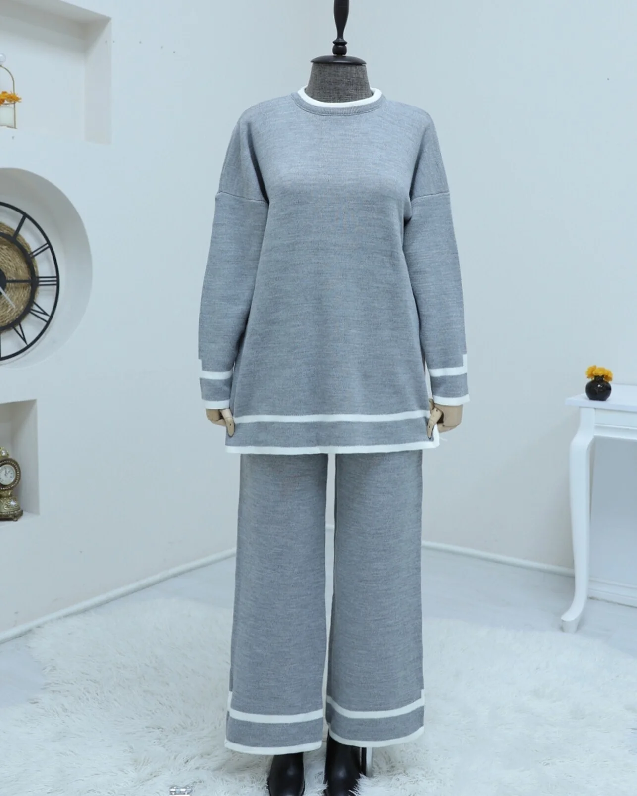 Striped Two-Piece Knit Lounge Set in Grey - Podyumplus - by Peralane - photo 4