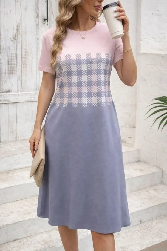 Women's Short Sleeve Patterned Suprem Dress with Bicycle Neckline - Janes - by Peralane