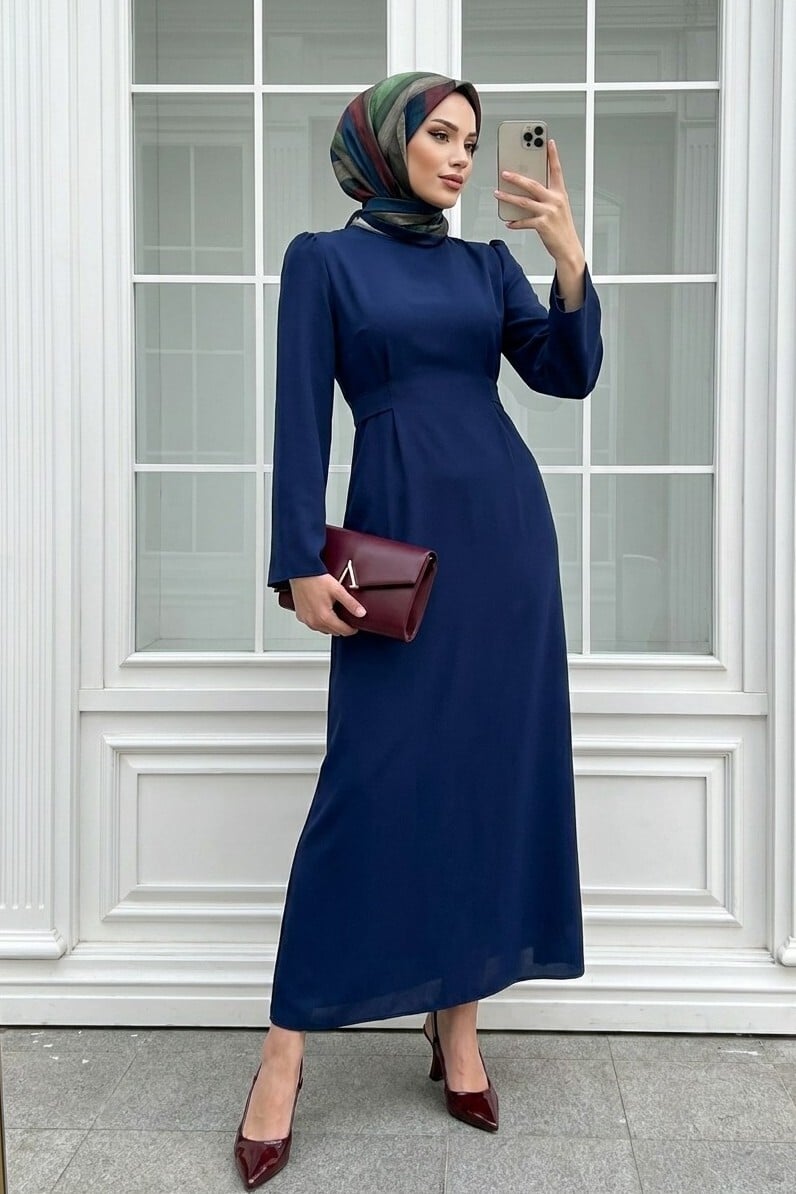 Long-Sleeved High Neck Tie-Waist Dress in Parliament Blue - Podyumplus - by Peralane