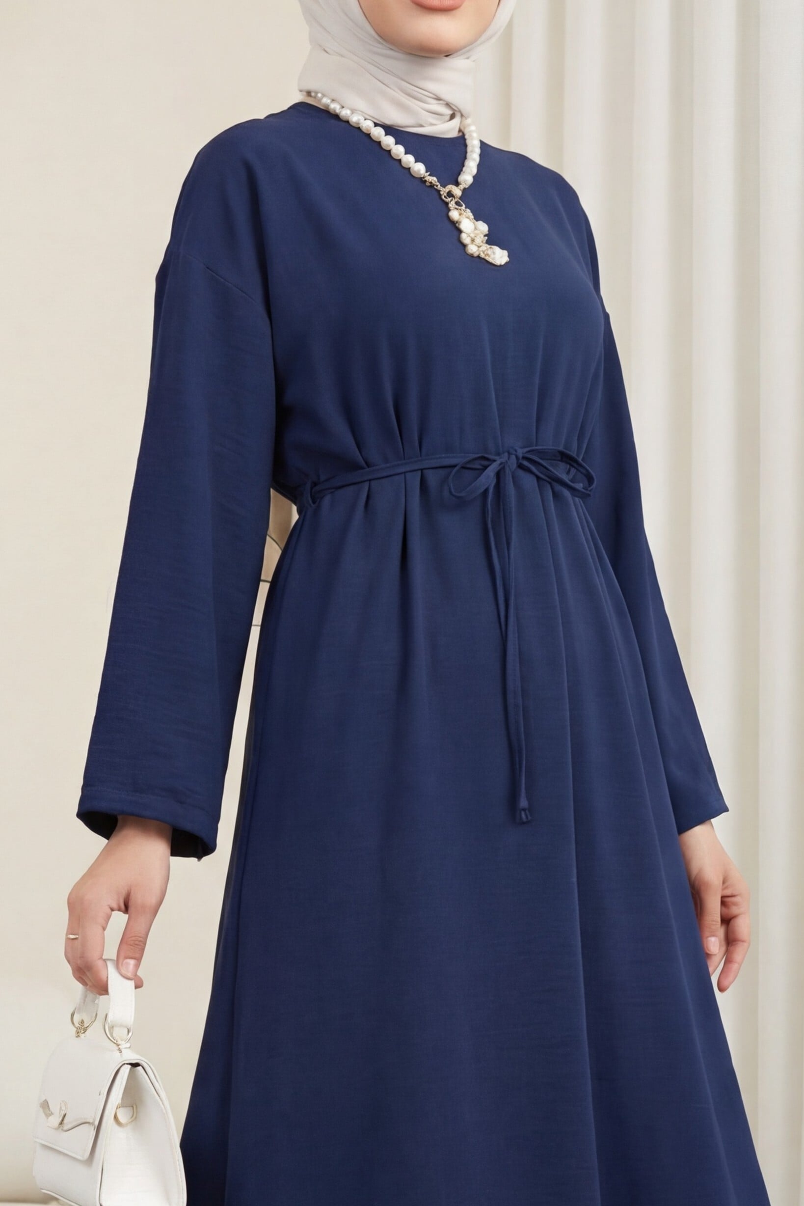 Navy Drawstring Waist Dress with Back Zipper - Podyumplus - by Peralane - photo 2