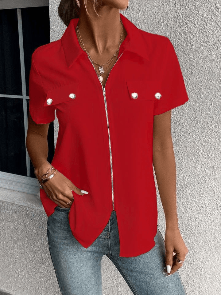 Women's Short Sleeve Collared Blouse with Front Zipper and Pocket Detail - Janes - by Peralane - photo 3