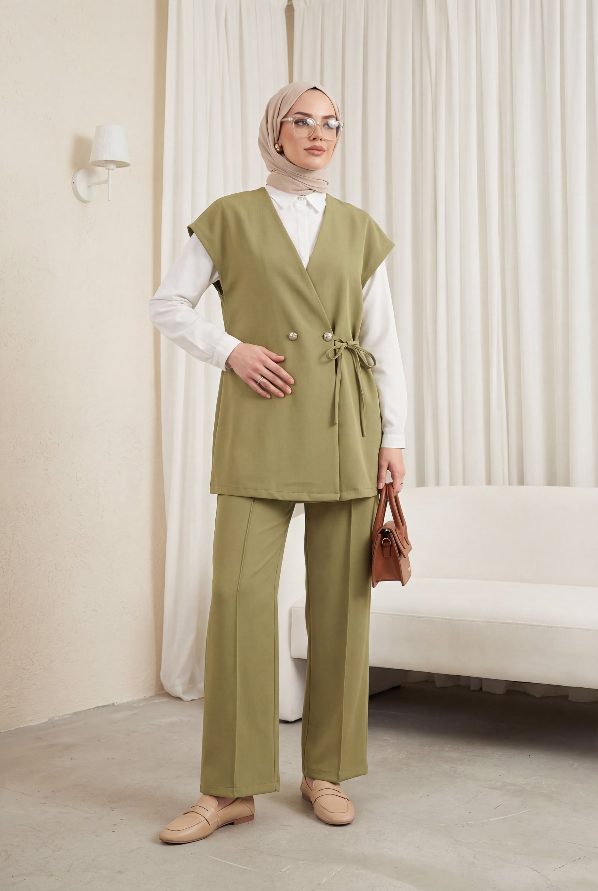 Button Detail Double-Breasted Tie-Front Vest and Wide-Leg Trouser Co-ord Set in Khaki - Podyumplus - by Peralane