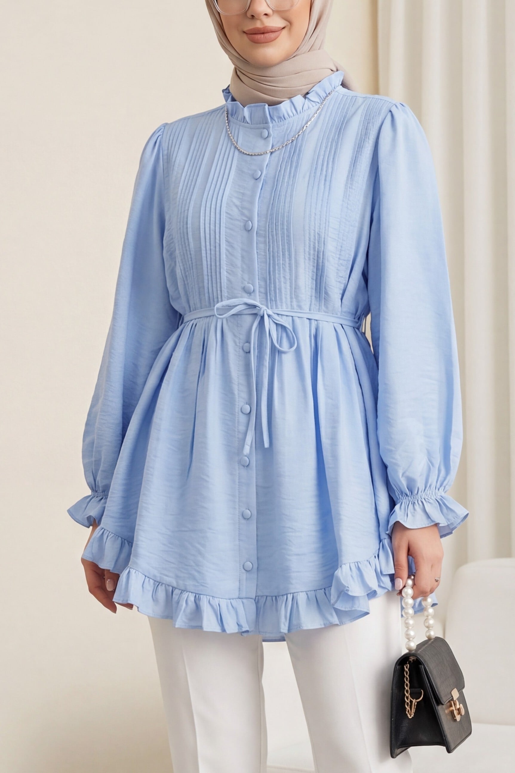 Ribbed Cupro Tunic with Ruffled Details and Tie Belt - Baby Blue - Podyumplus - by Peralane