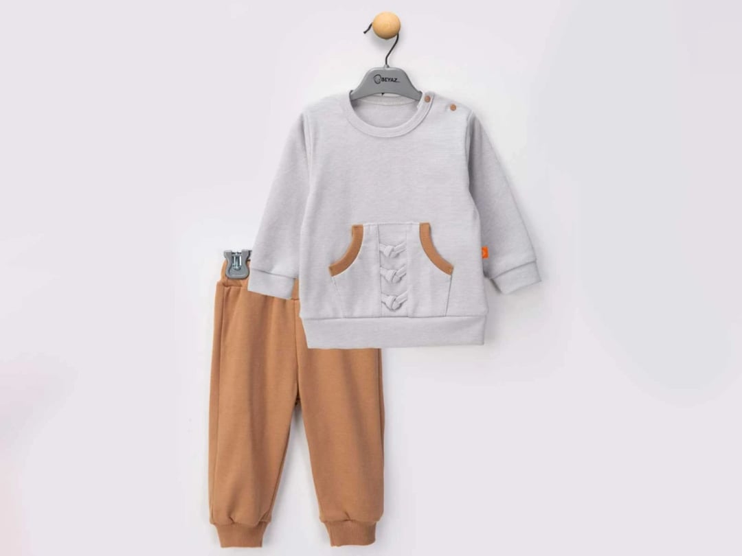 Baby Boy Kangaroo Pocket Sweatshirt and Trousers Set - Beyaz Bebek - by Peralane