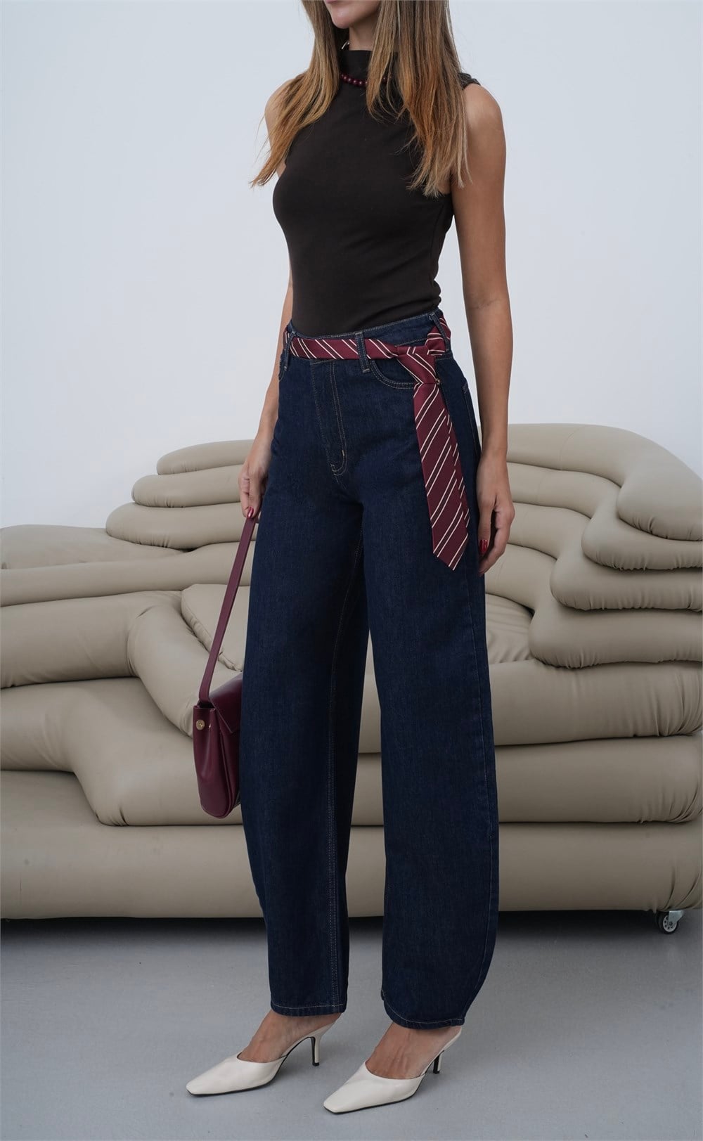 High Waist Wide Leg Rinse Jean Trousers with Tie Belt - Lacarino Jeans - by Peralane - photo 5