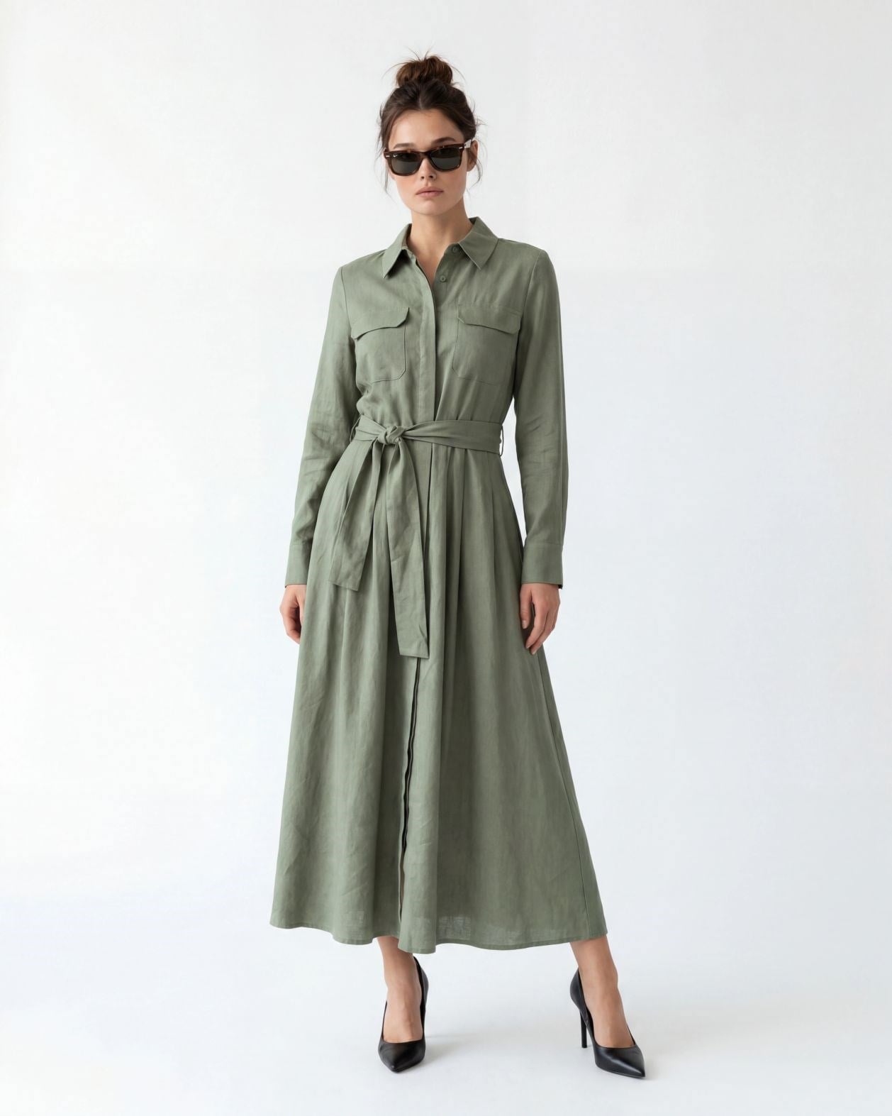 Olive Green Linen Blend Collared Button-Front Dress - Fame - by Peralane