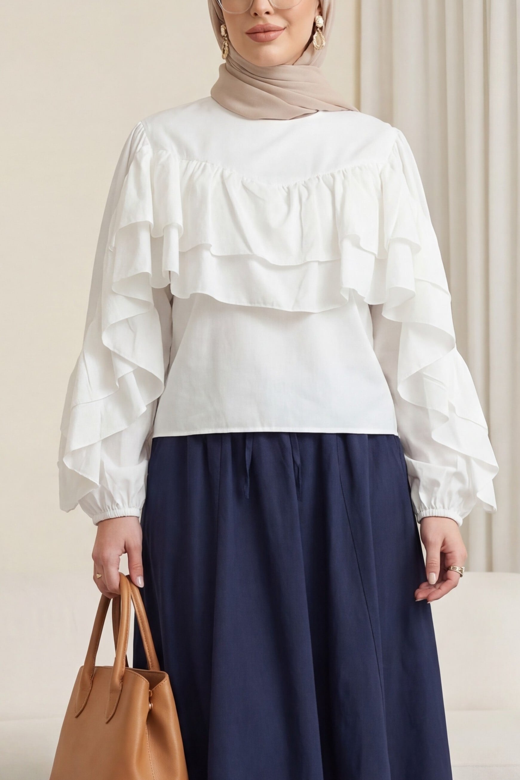 Ruffle-Sleeve Elasticated Cuff Blouse - White - Podyumplus - by Peralane
