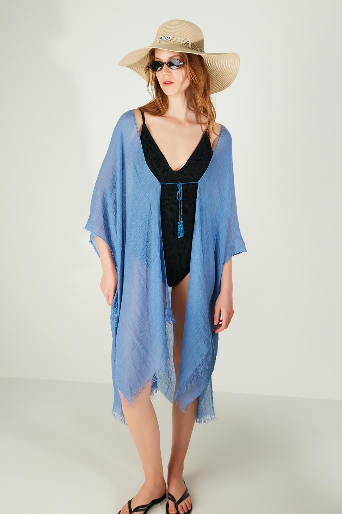 Indigo Blue Crinkled Kimono Pareo for Women - Nesvay - by Peralane - photo 2
